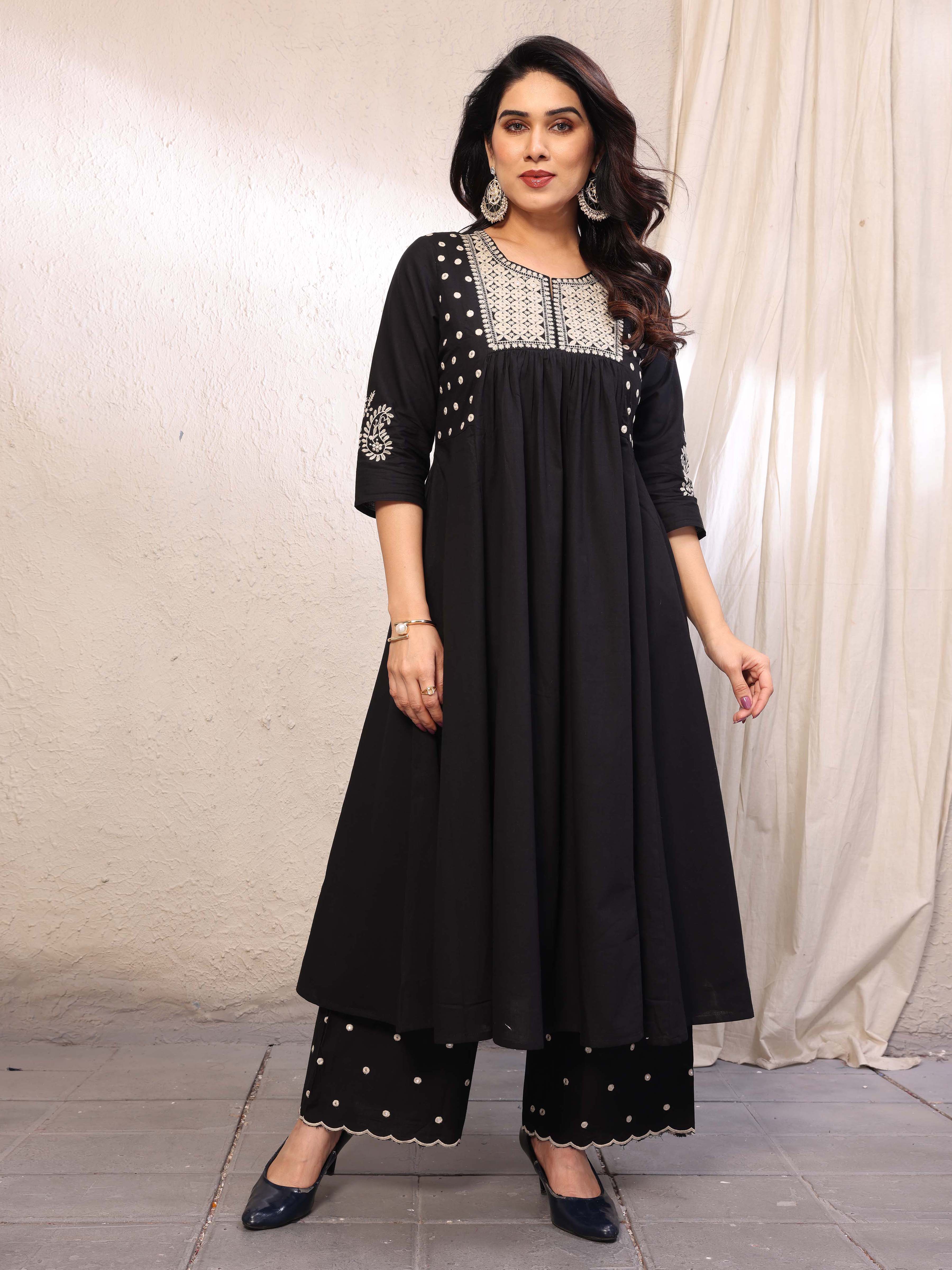 Black Flared A-Line Mirror Embellished Kurta Palazzo Set