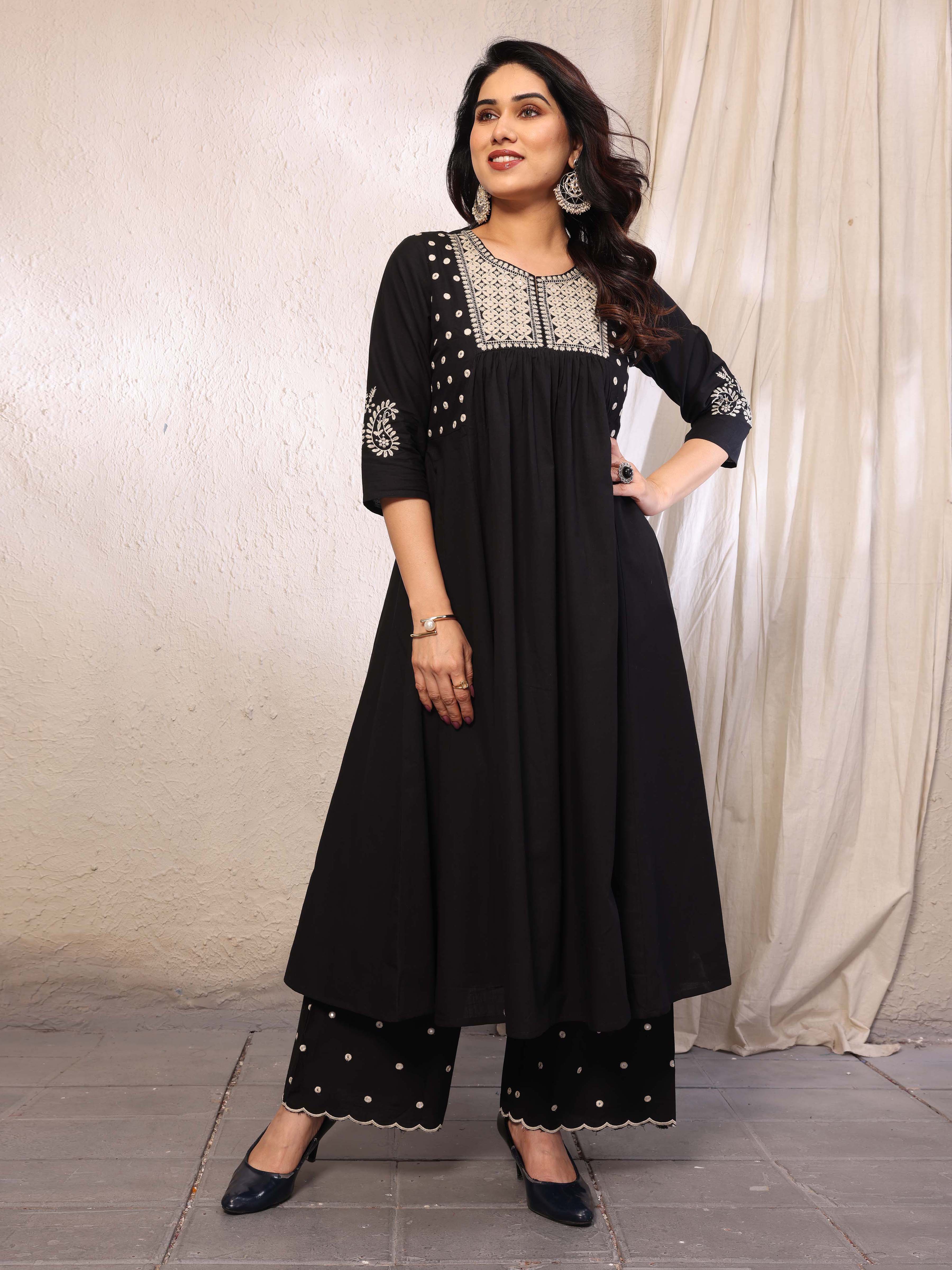 Black Flared A-Line Mirror Embellished Kurta Palazzo Set