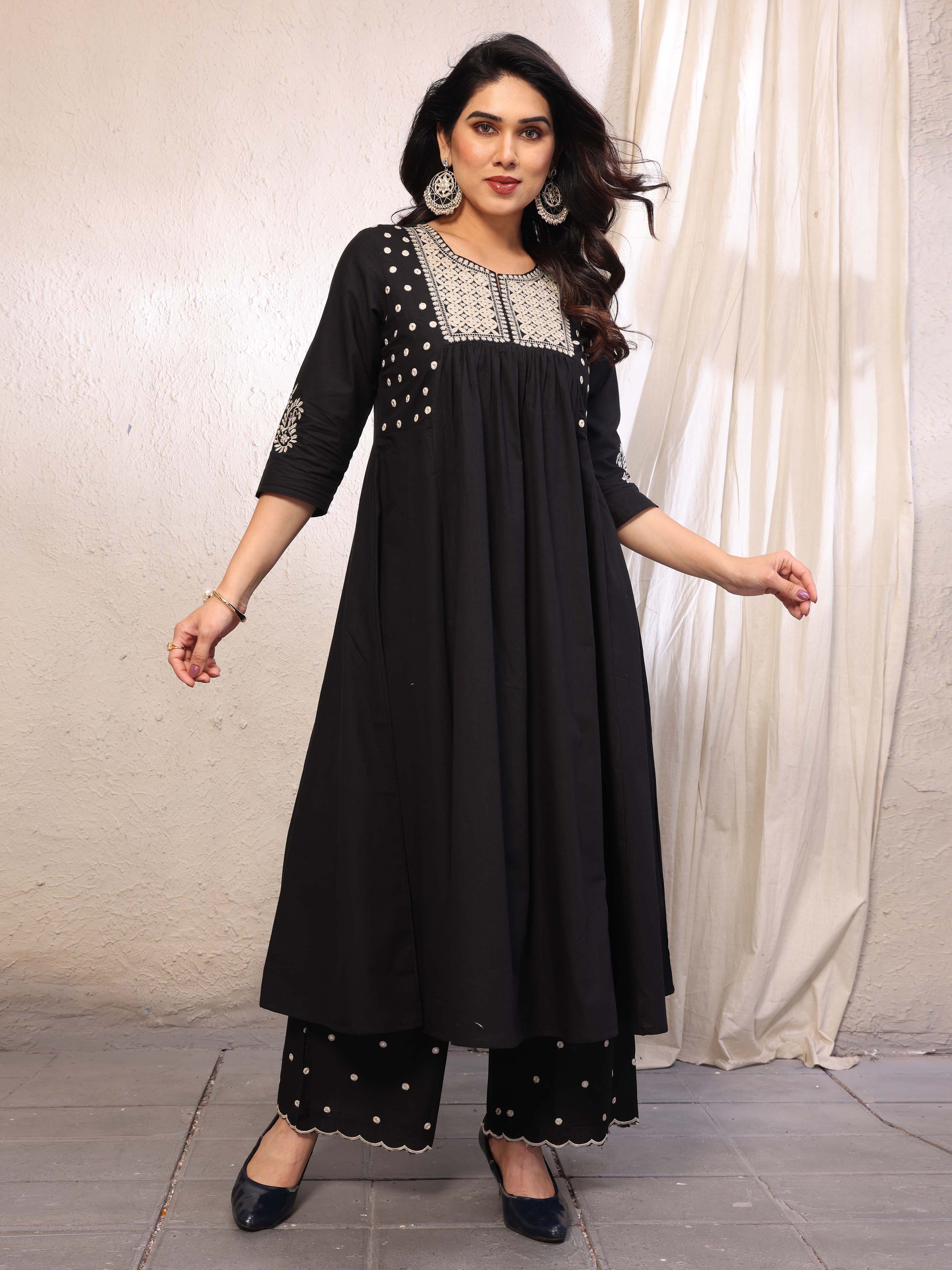 Black Flared A-Line Mirror Embellished Kurta Palazzo Set