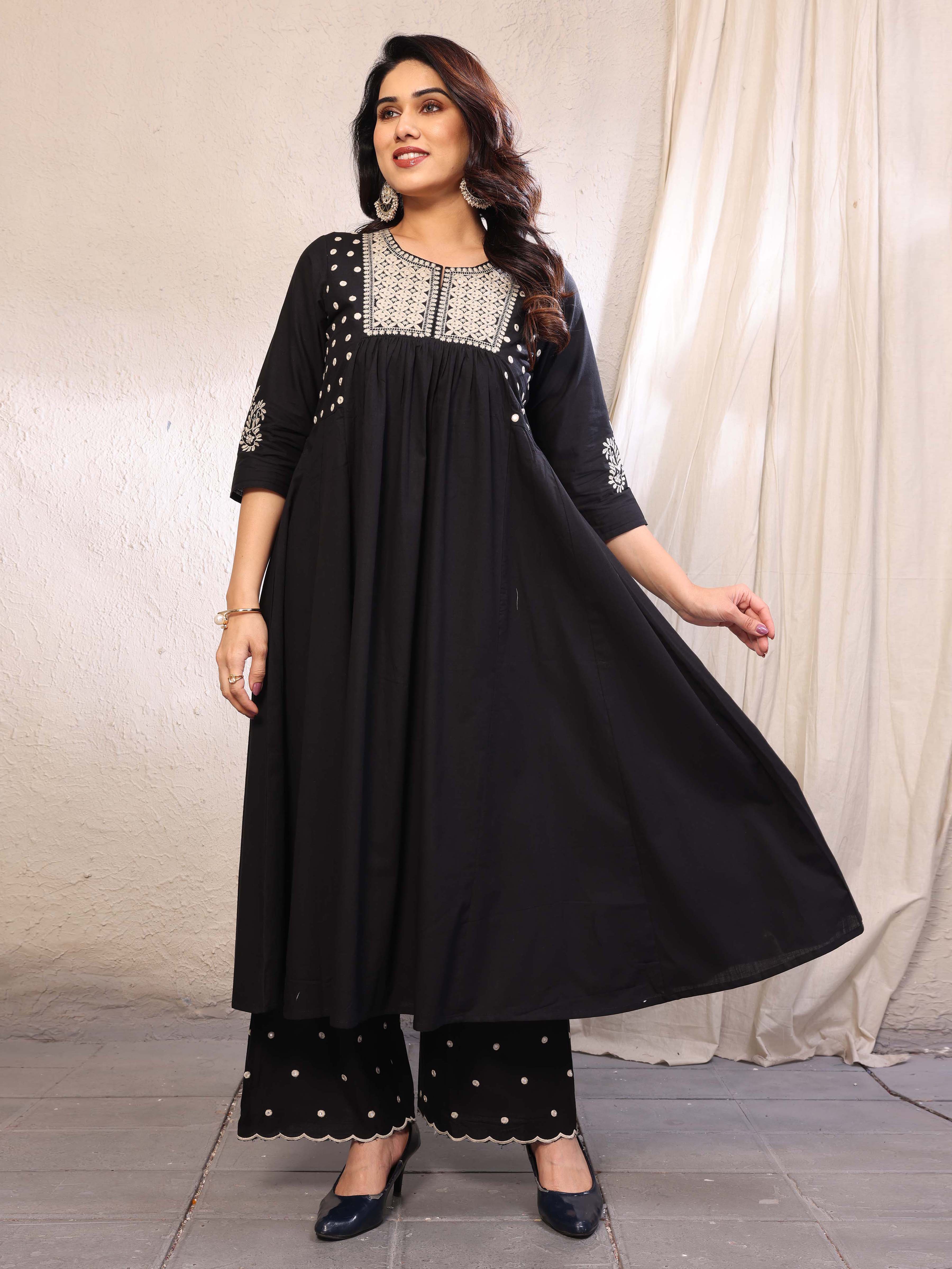 Black Flared A-Line Mirror Embellished Kurta Palazzo Set
