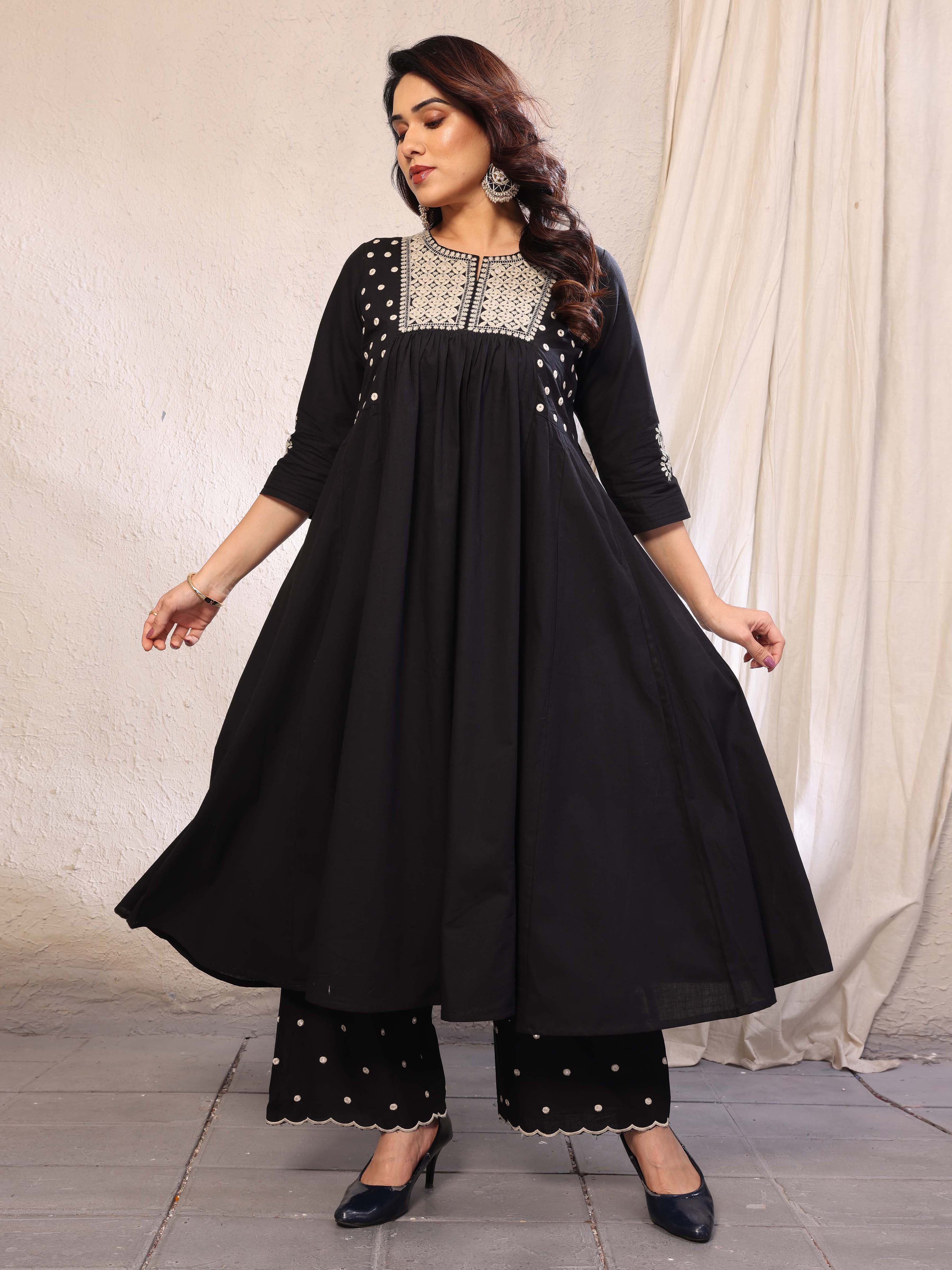 Black Flared A-Line Mirror Embellished Kurta Palazzo Set