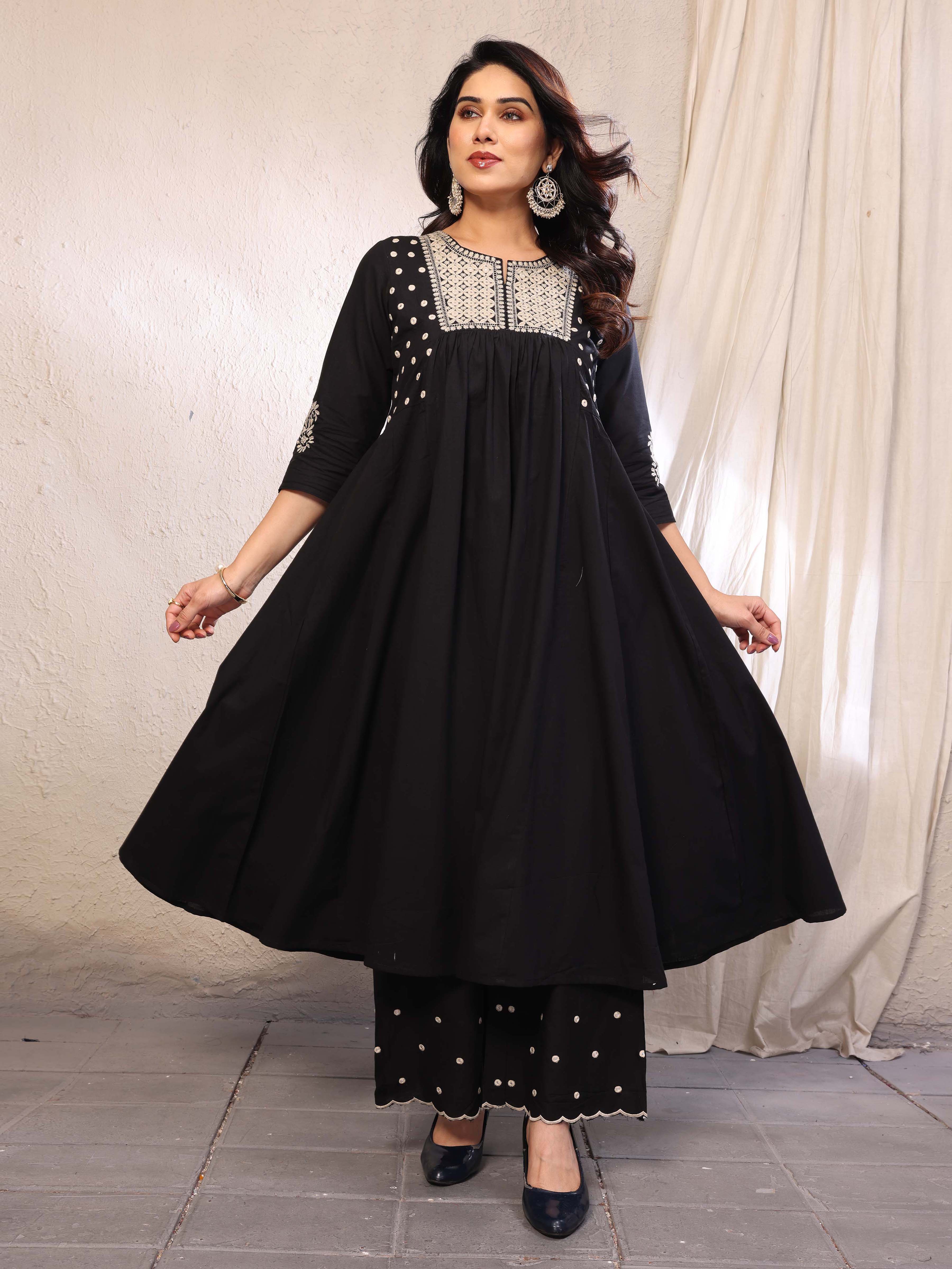 Black Flared A-Line Mirror Embellished Kurta Palazzo Set