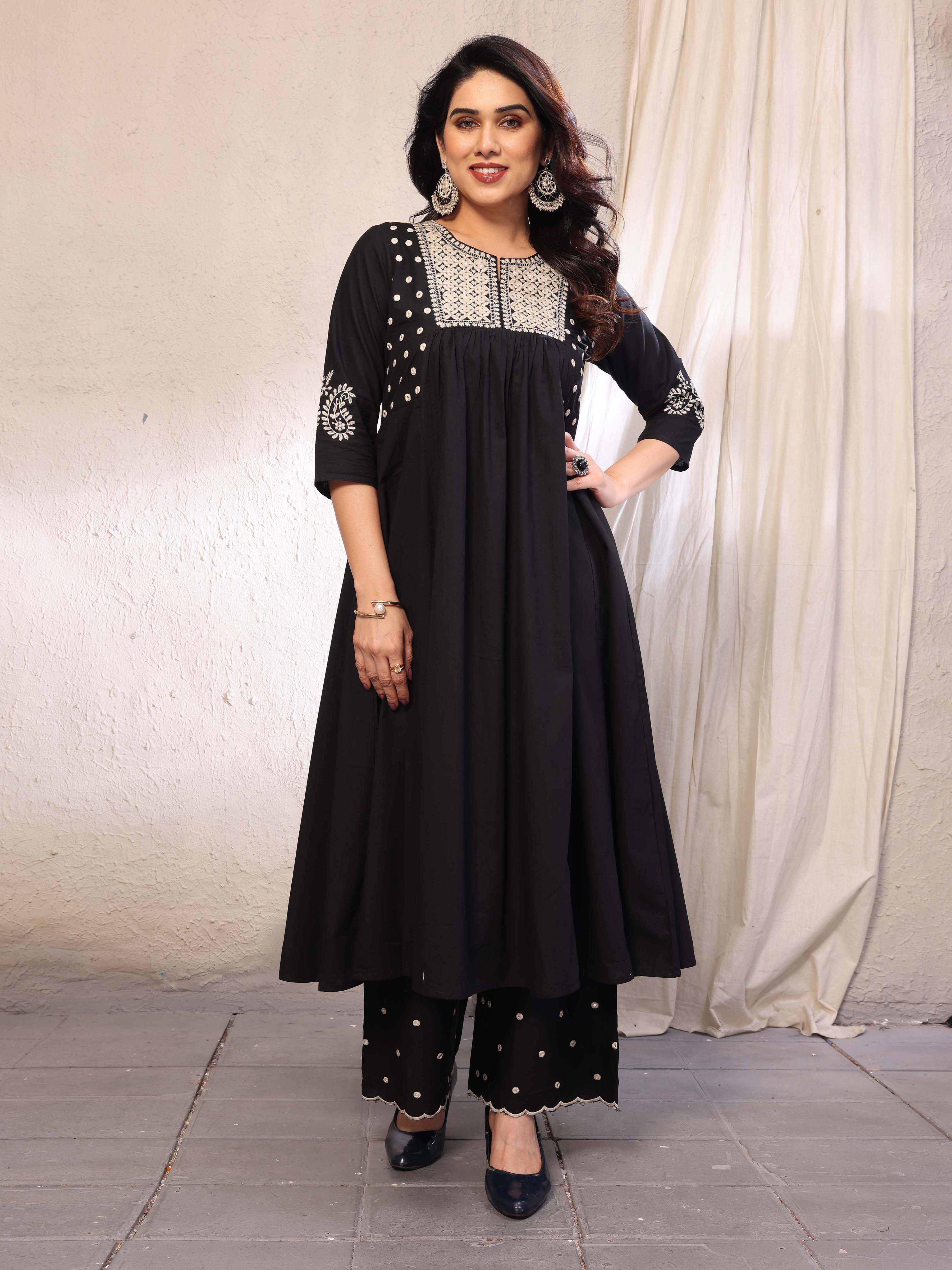 Black Flared A-Line Mirror Embellished Kurta Palazzo Set