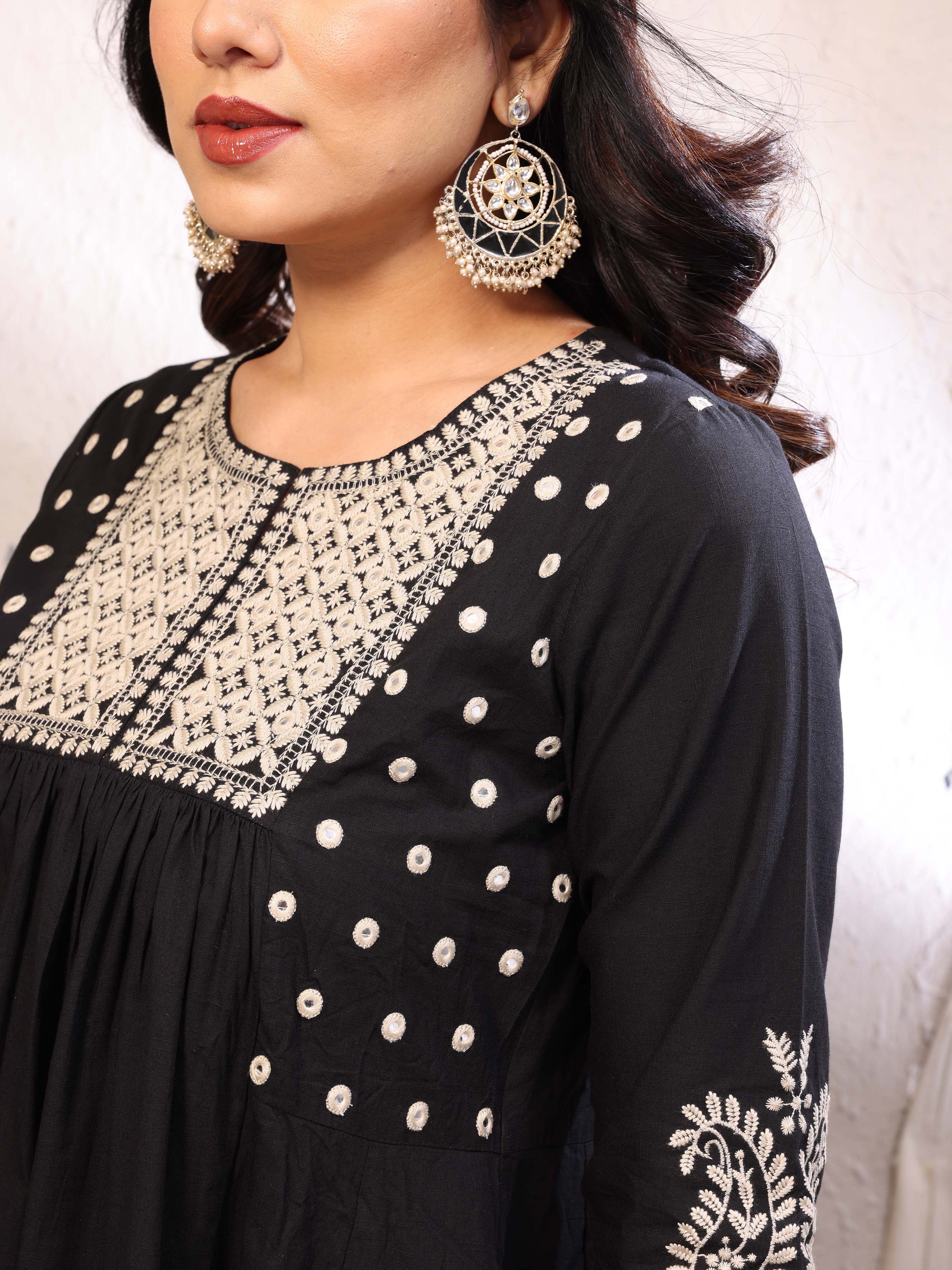 Black Flared A-Line Mirror Embellished Kurta Palazzo Set