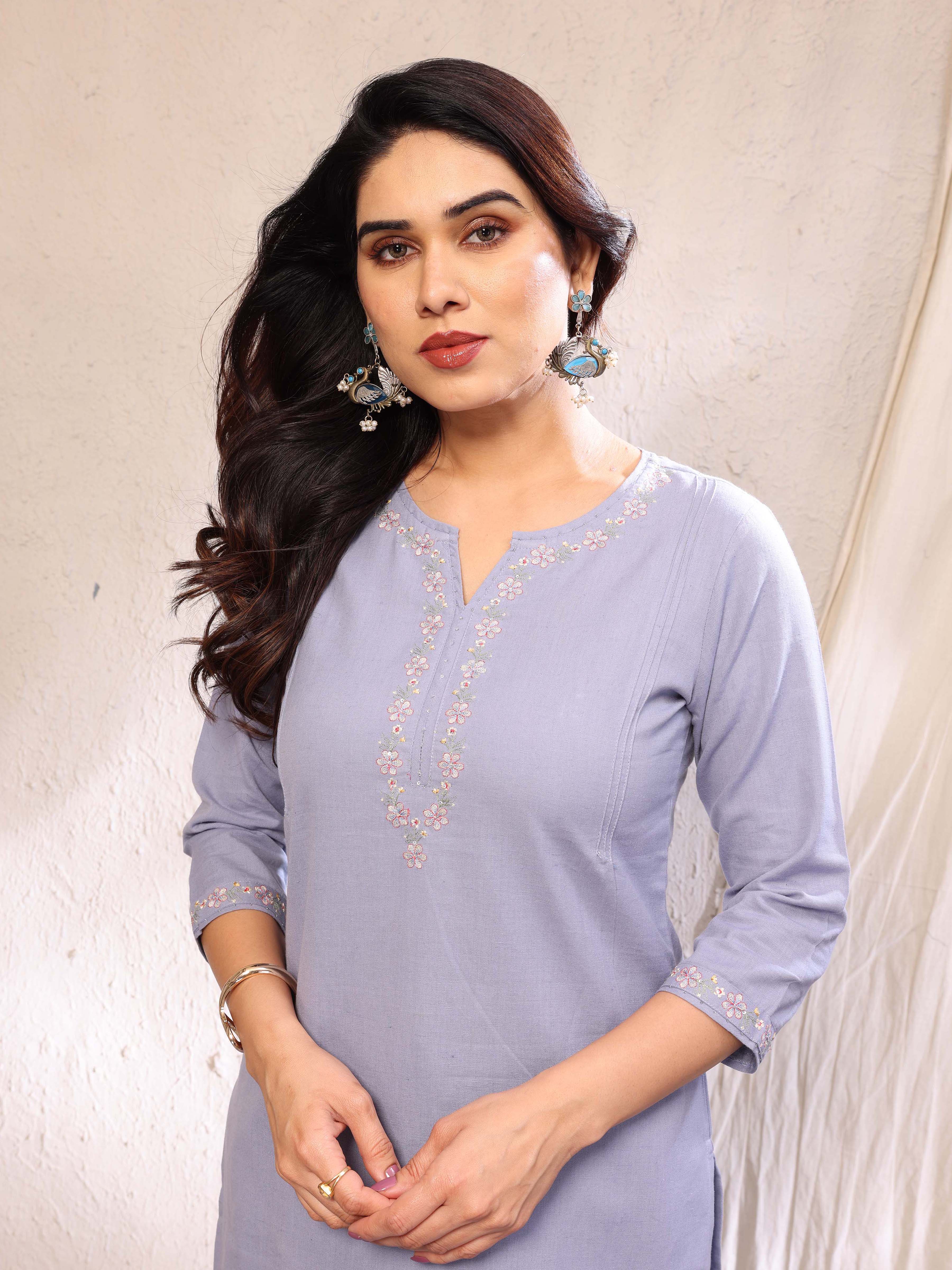 Light Blue Floral Embroidery Three Quarter Sleeves Cotton Kurta Pant Set