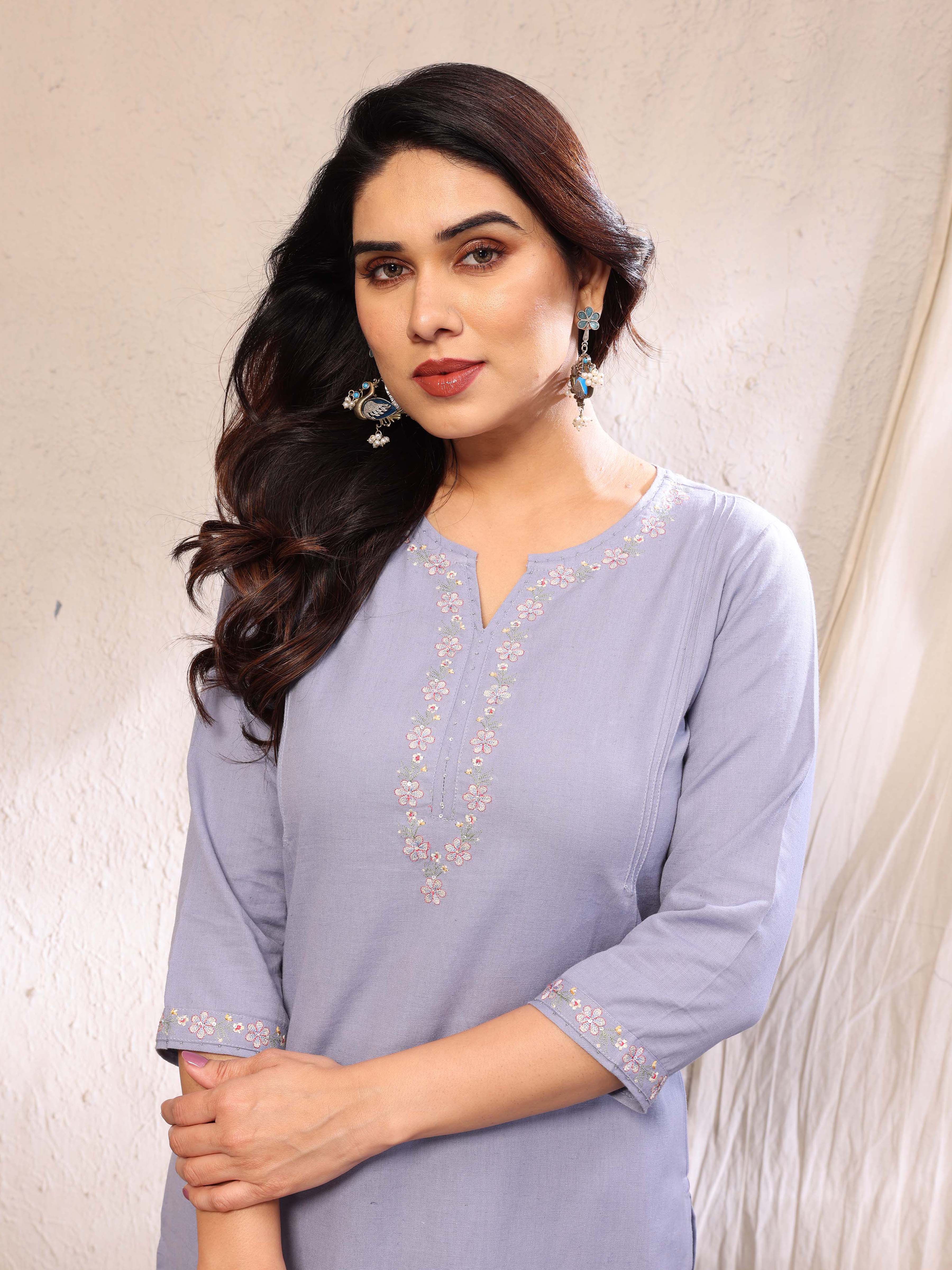 Light Blue Floral Embroidery Three Quarter Sleeves Cotton Kurta Pant Set