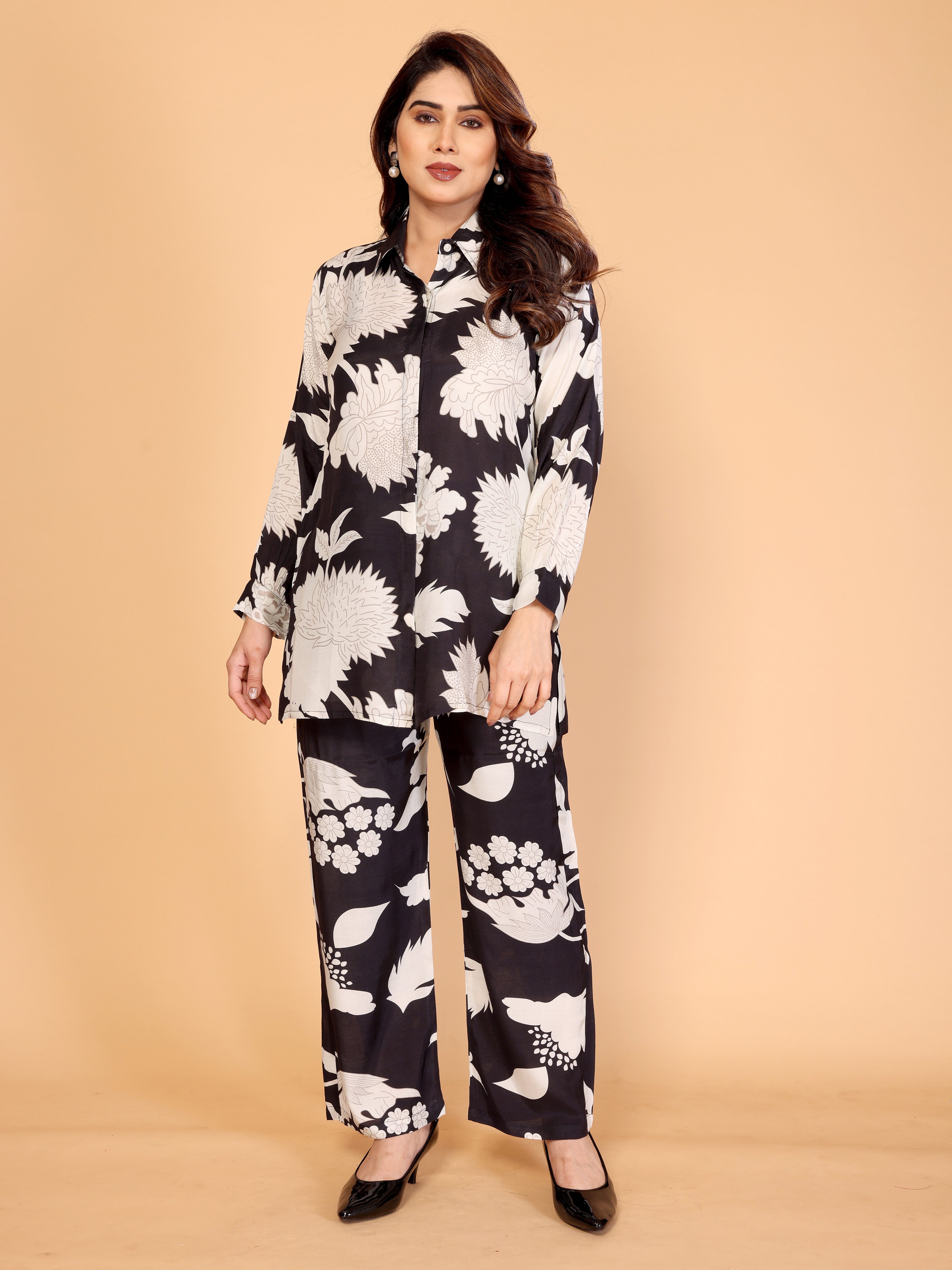 Elegant Black & White Floral Printed Co-Ord Set