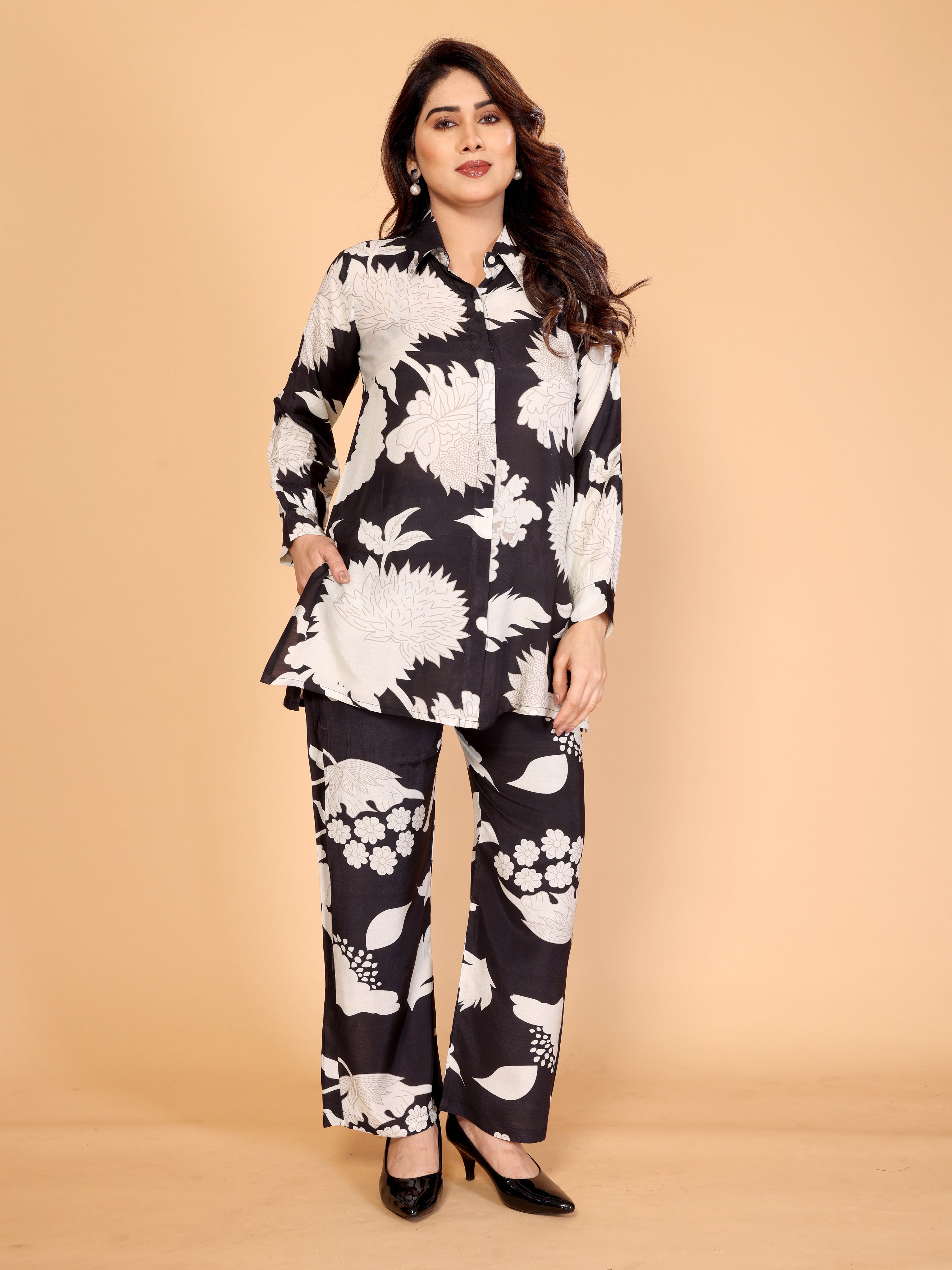 Elegant Black & White Floral Printed Co-Ord Set