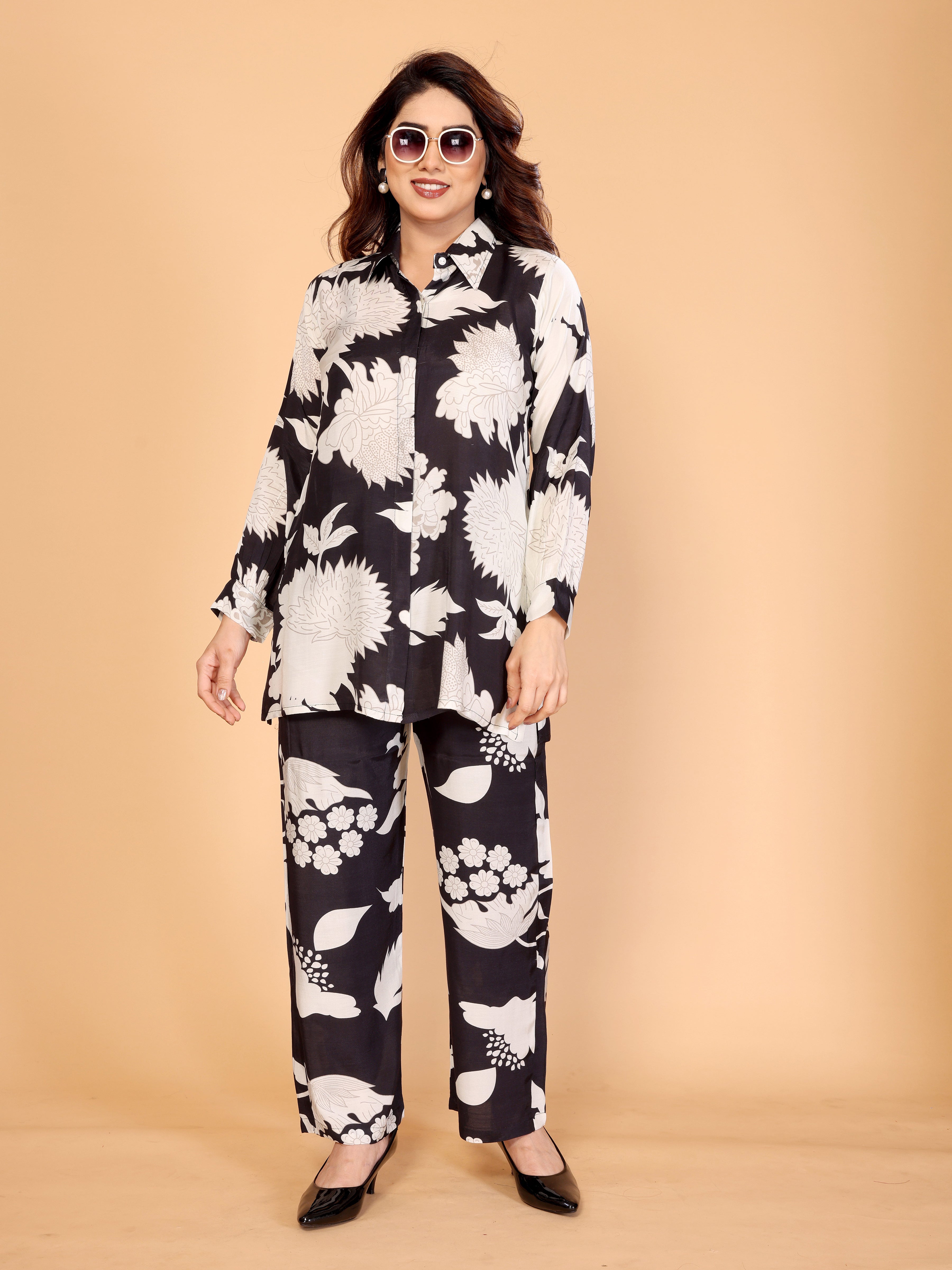 Elegant Black & White Floral Printed Co-Ord Set