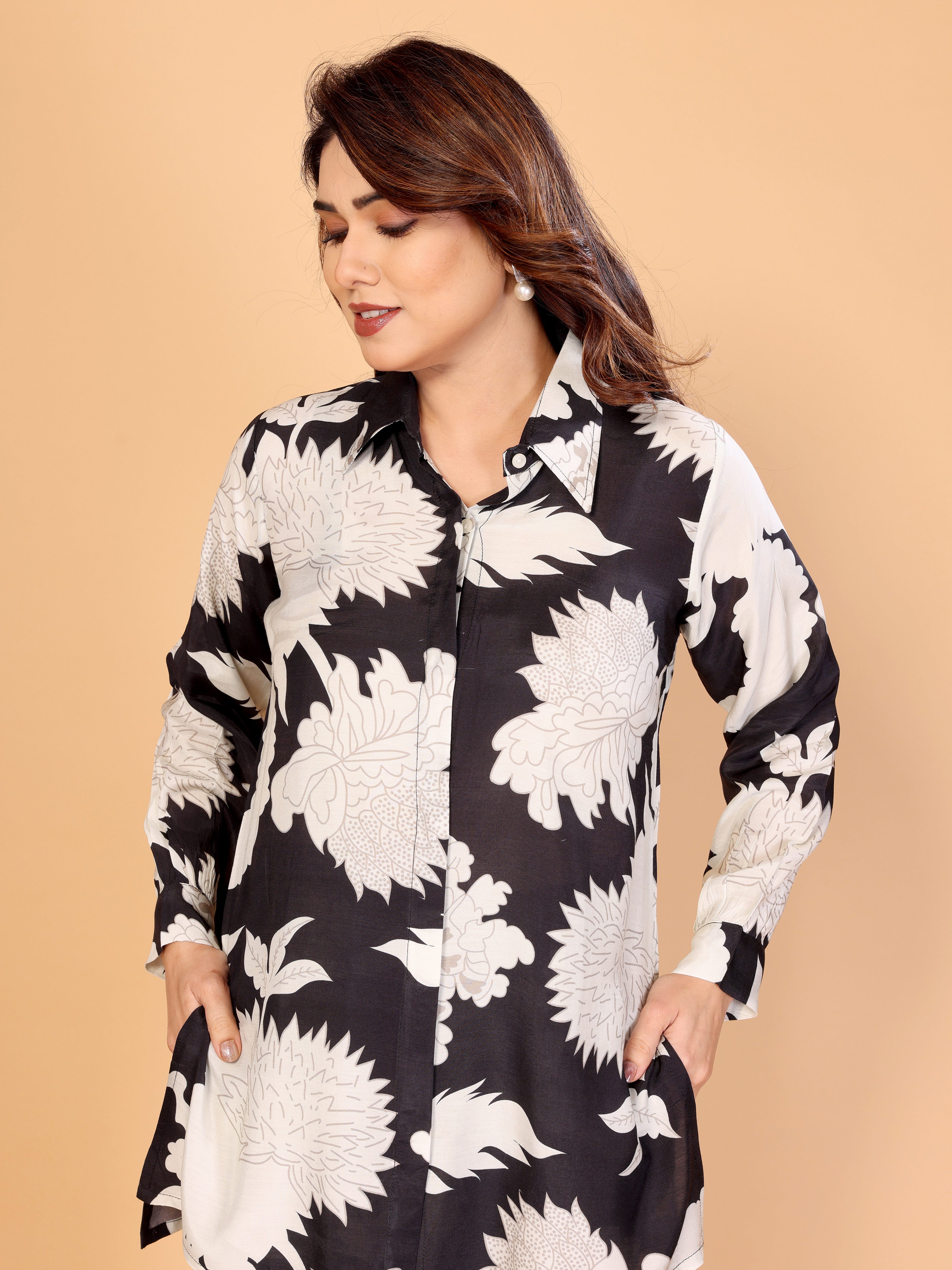Elegant Black & White Floral Printed Co-Ord Set