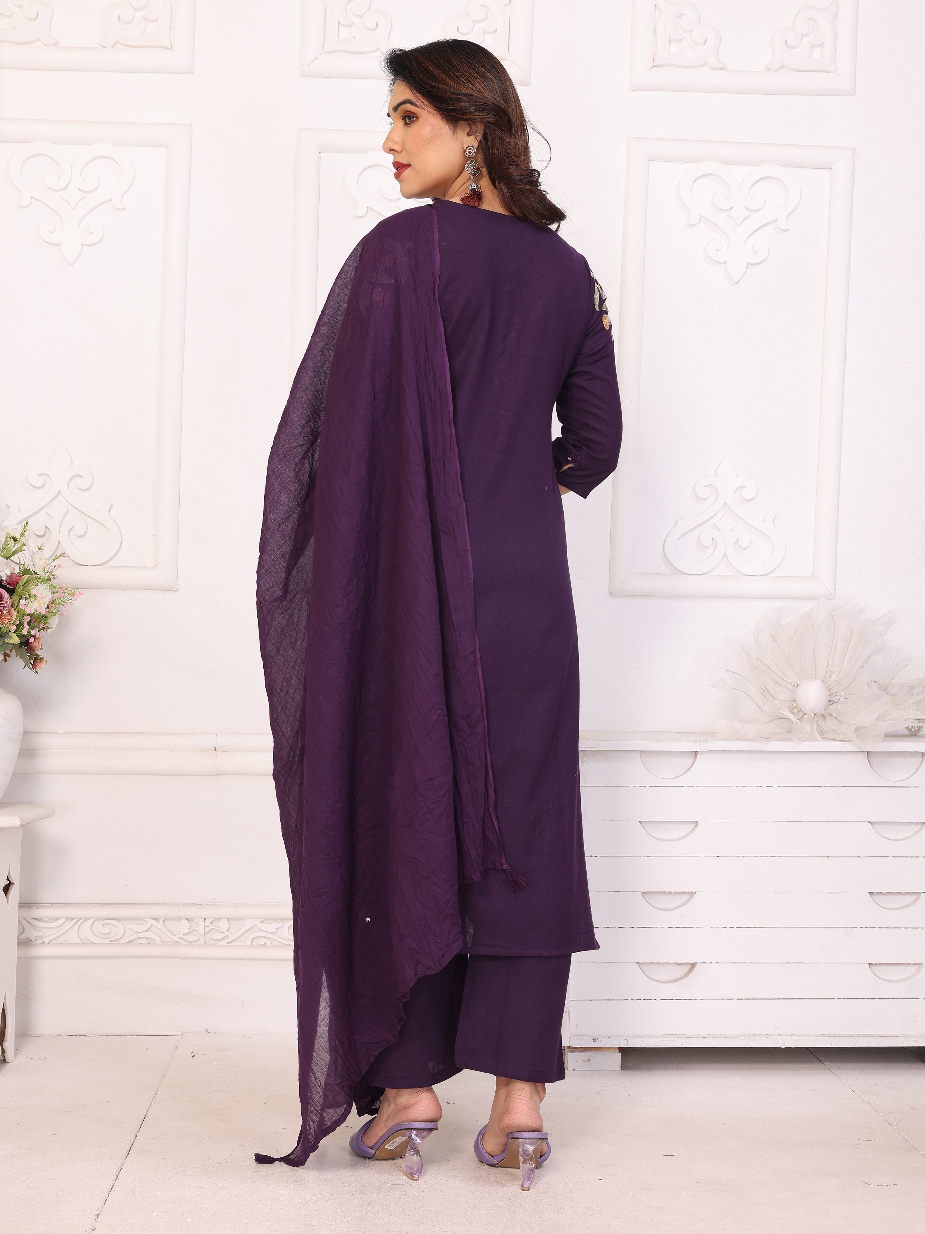 Purple Floral Embroidered Straight Kurta Pant & Dupatta Set