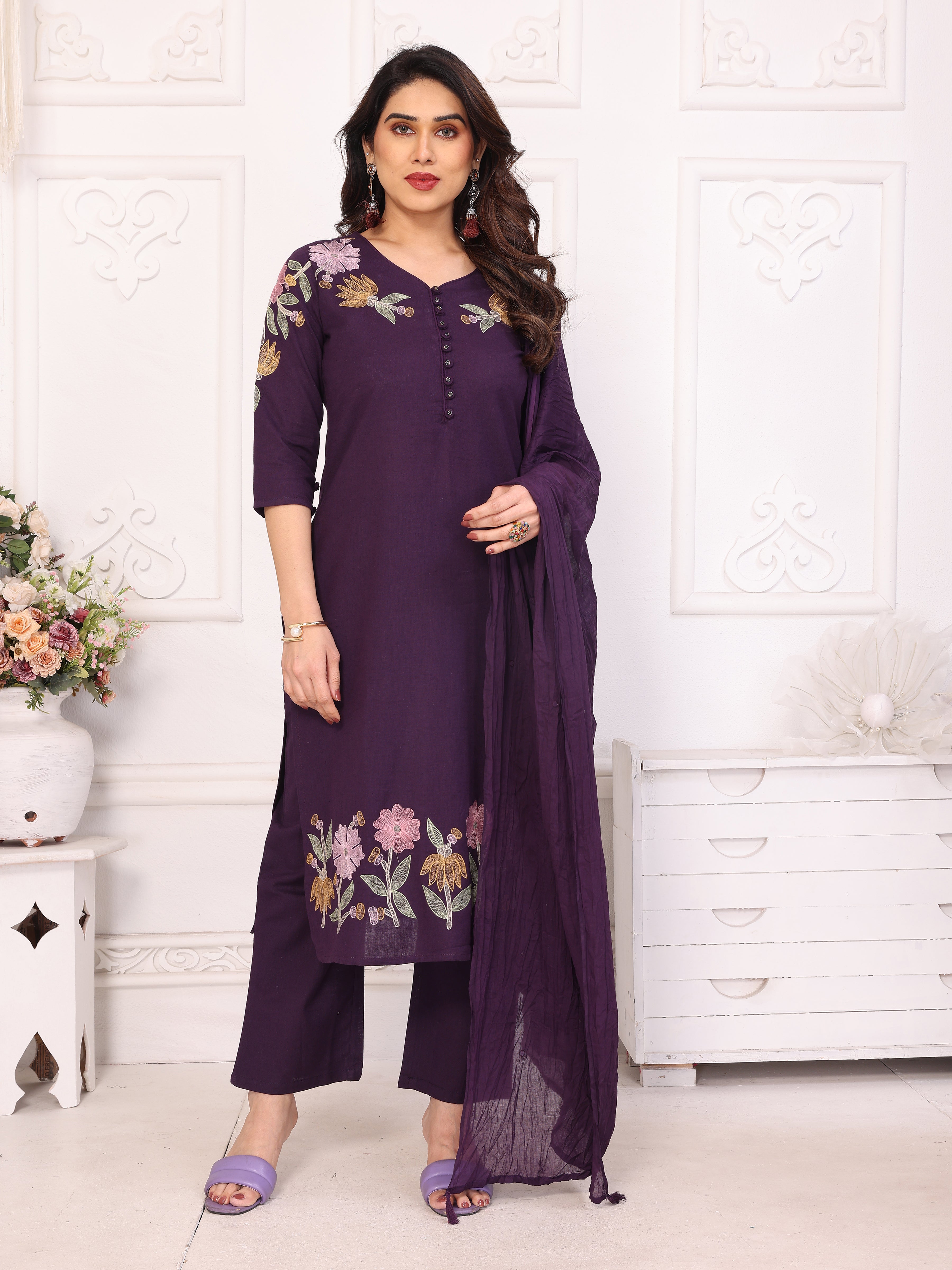 Purple Floral Embroidered Straight Kurta Pant & Dupatta Set