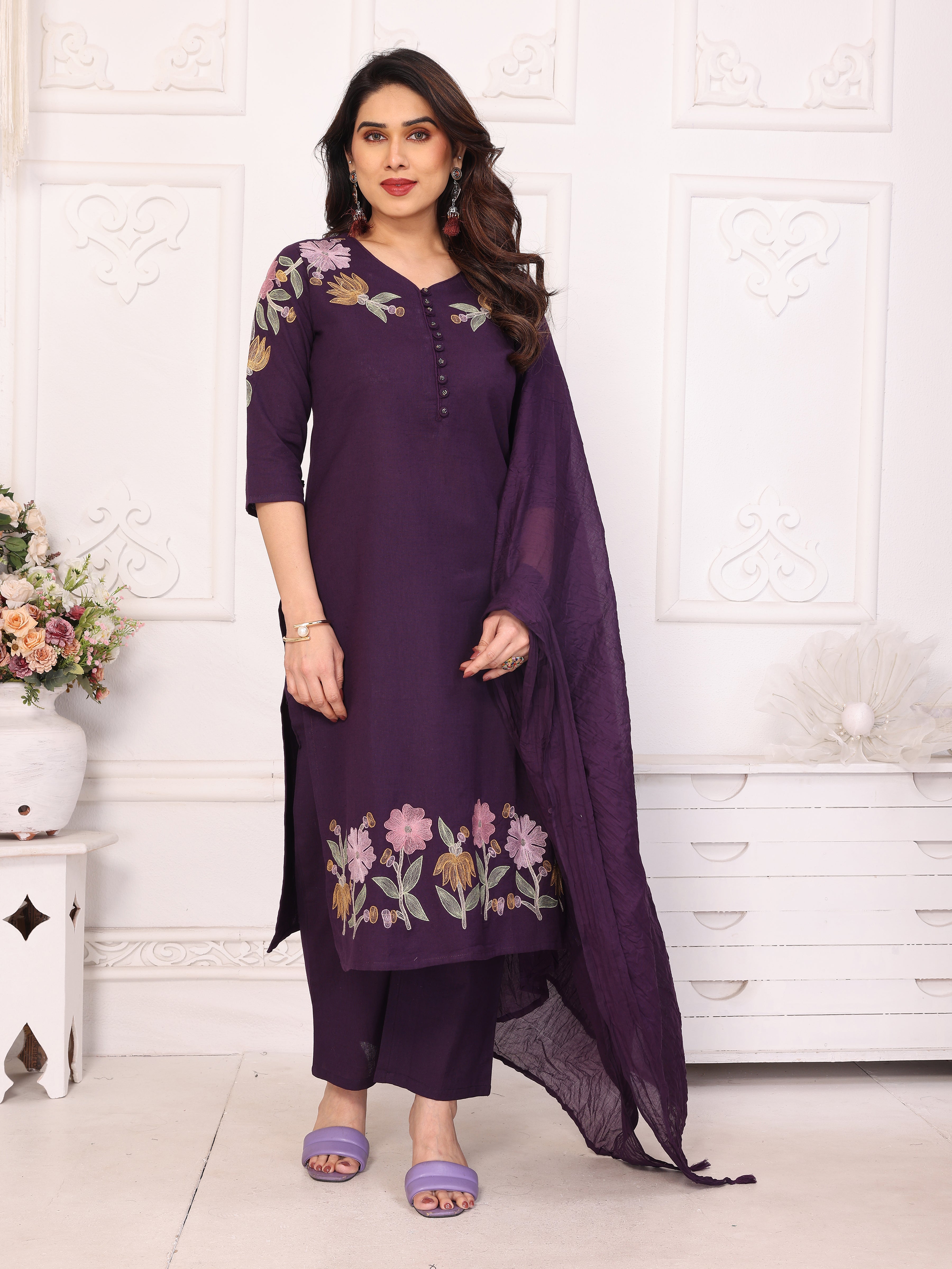 Purple Floral Embroidered Straight Kurta Pant & Dupatta Set