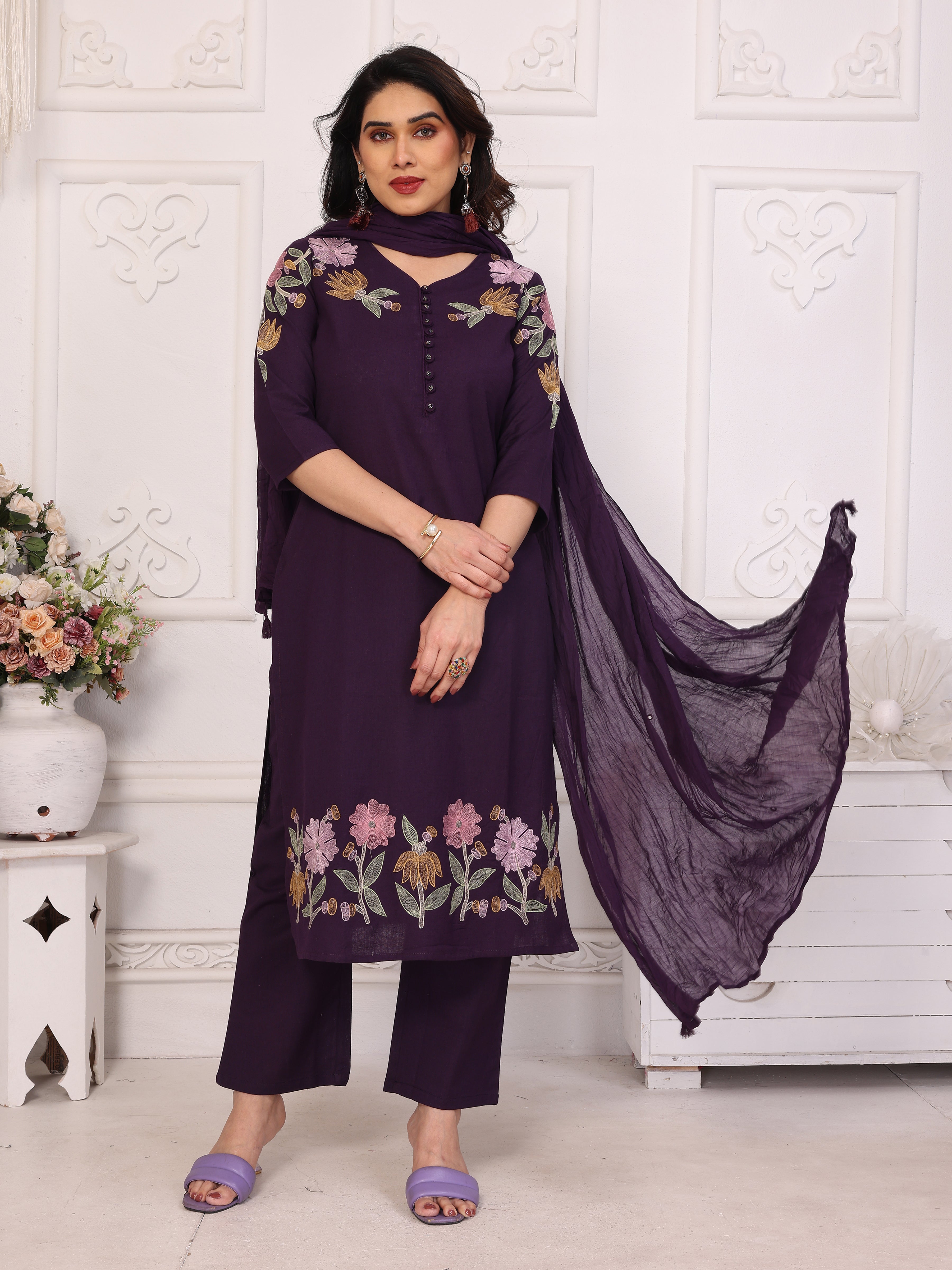 Purple Floral Embroidered Straight Kurta Pant & Dupatta Set
