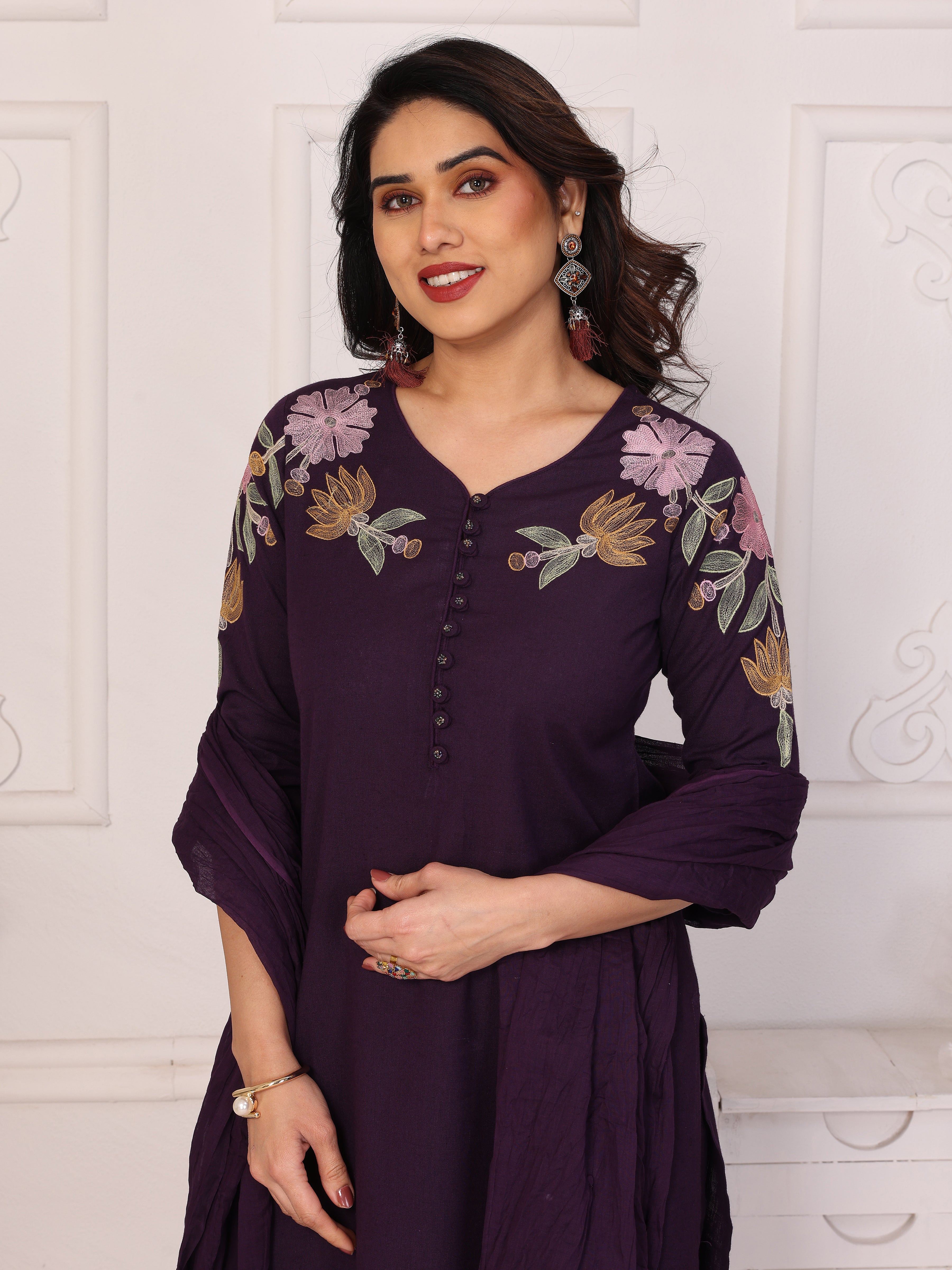 Purple Floral Embroidered Straight Kurta Pant & Dupatta Set