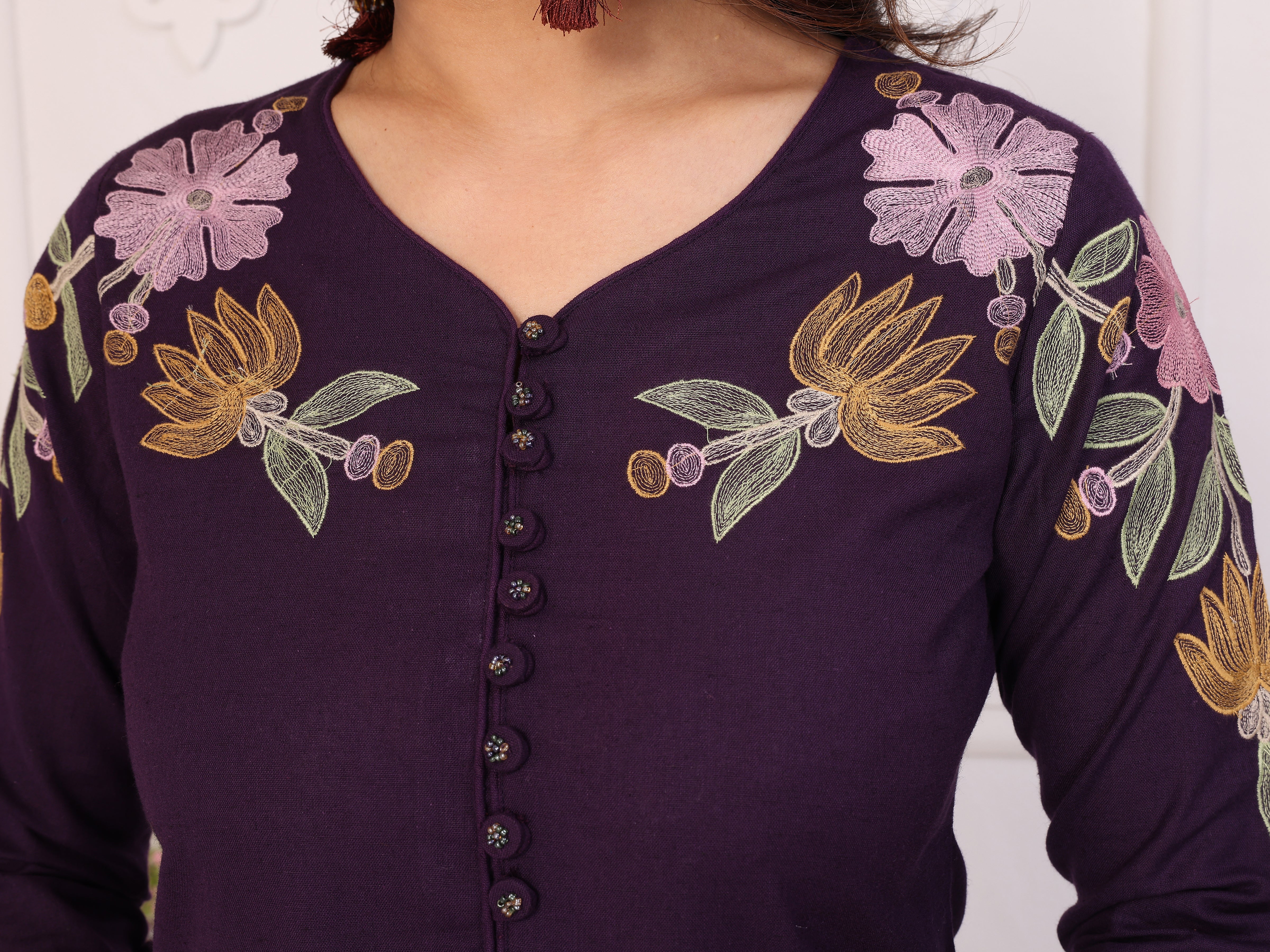 Purple Floral Embroidered Straight Kurta Pant & Dupatta Set