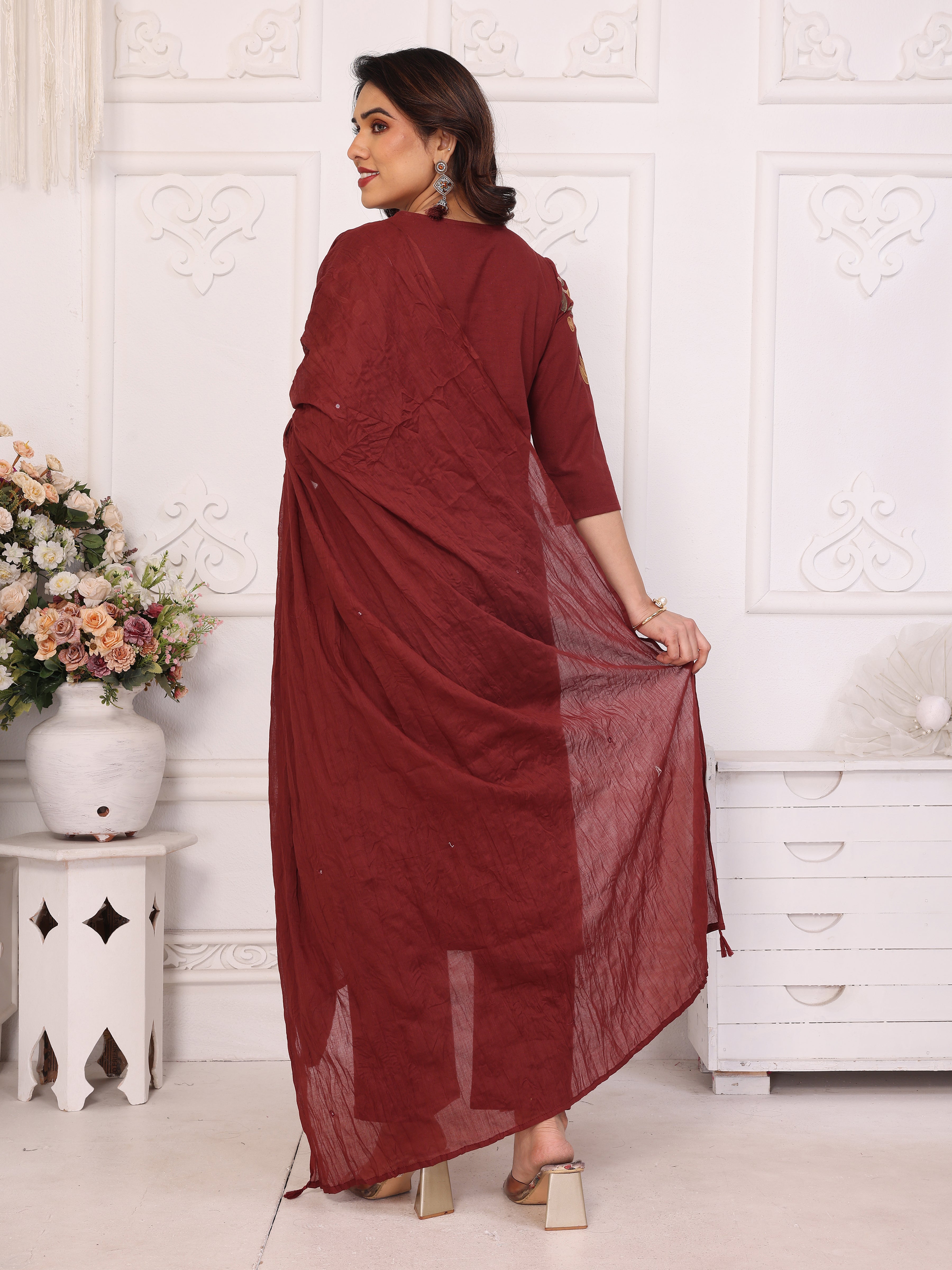 Maroon Floral Embroidered Straight Kurta Pant & Dupatta Set