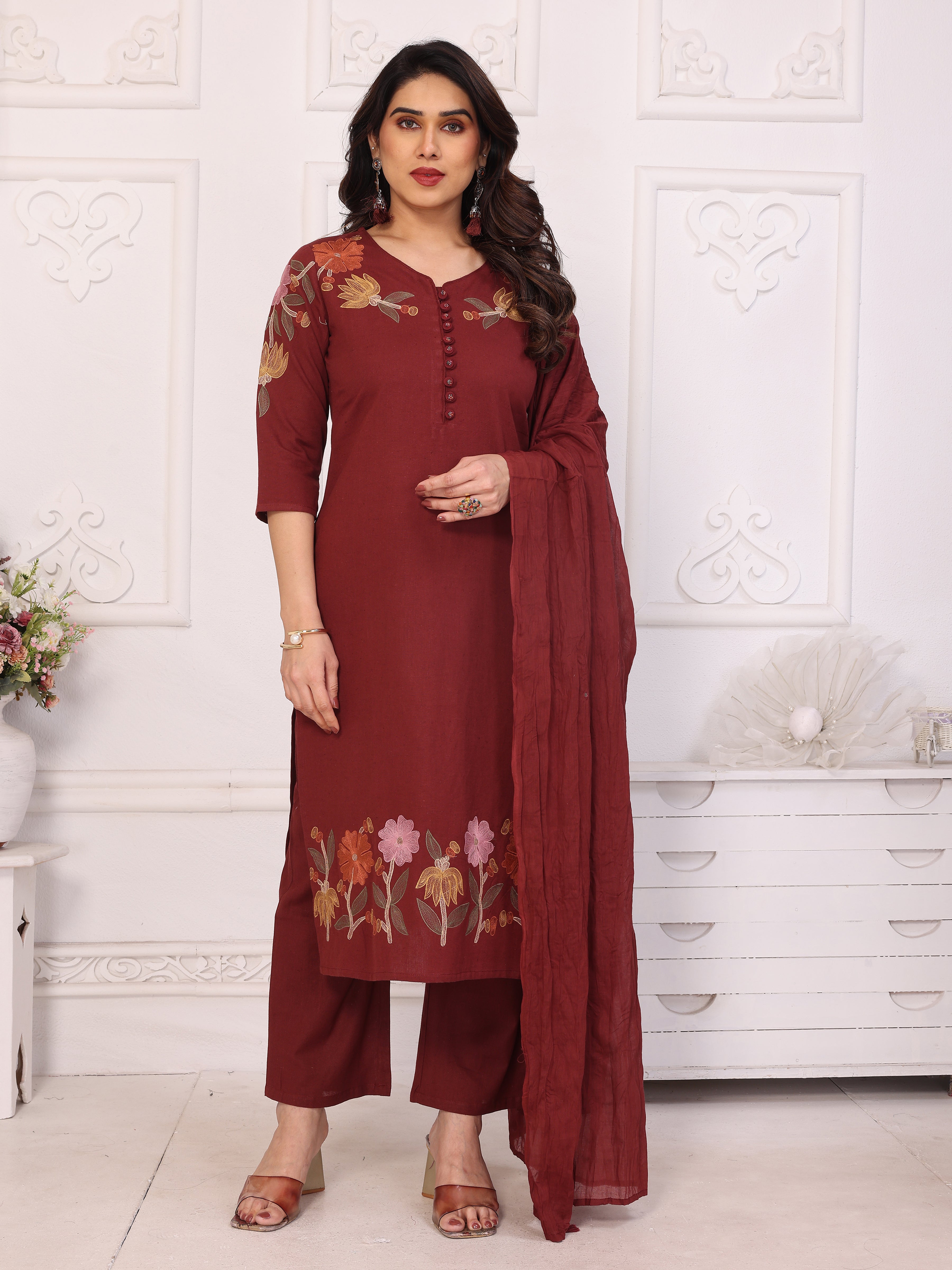 Maroon Floral Embroidered Straight Kurta Pant & Dupatta Set