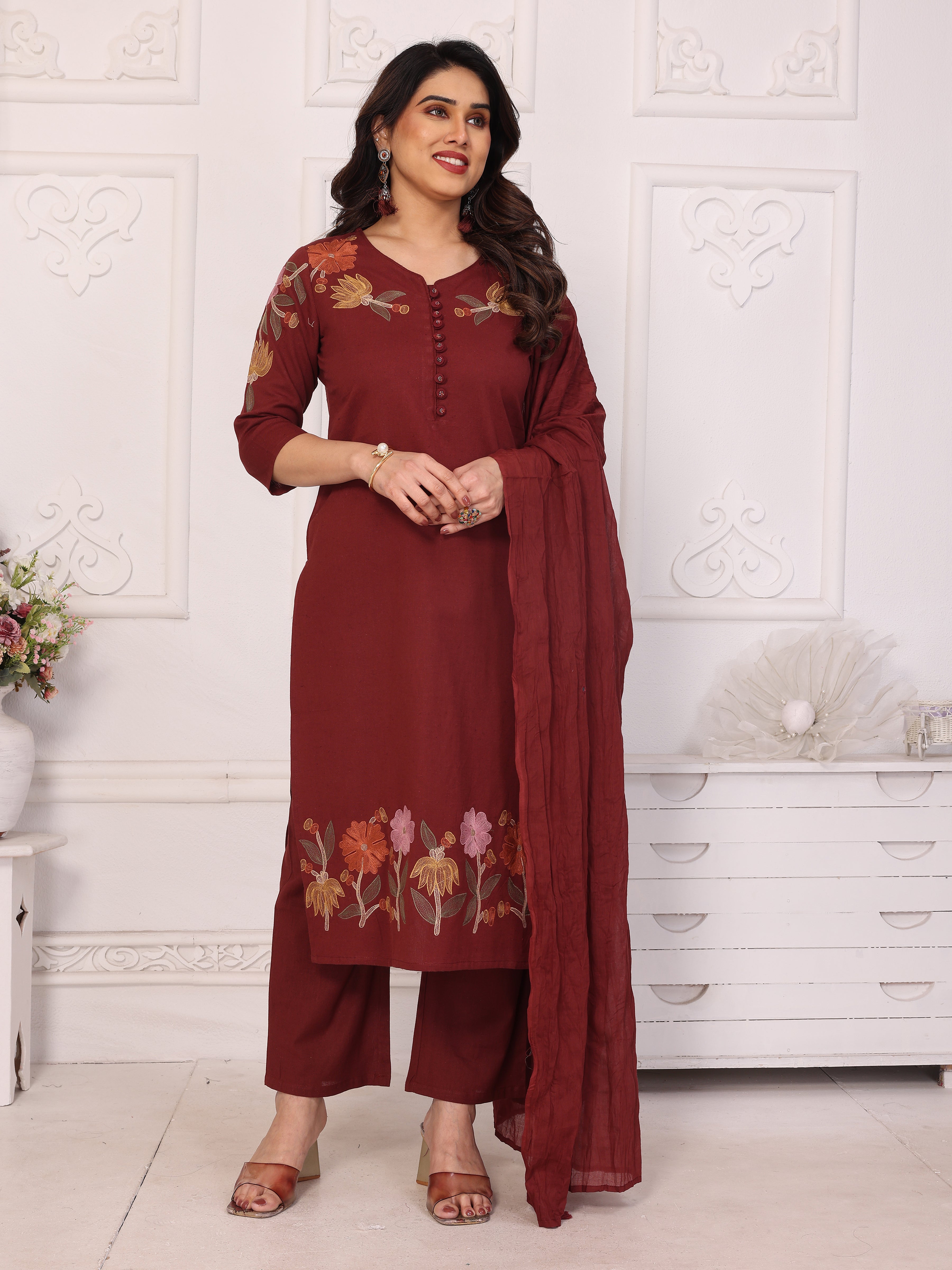Maroon Floral Embroidered Straight Kurta Pant & Dupatta Set