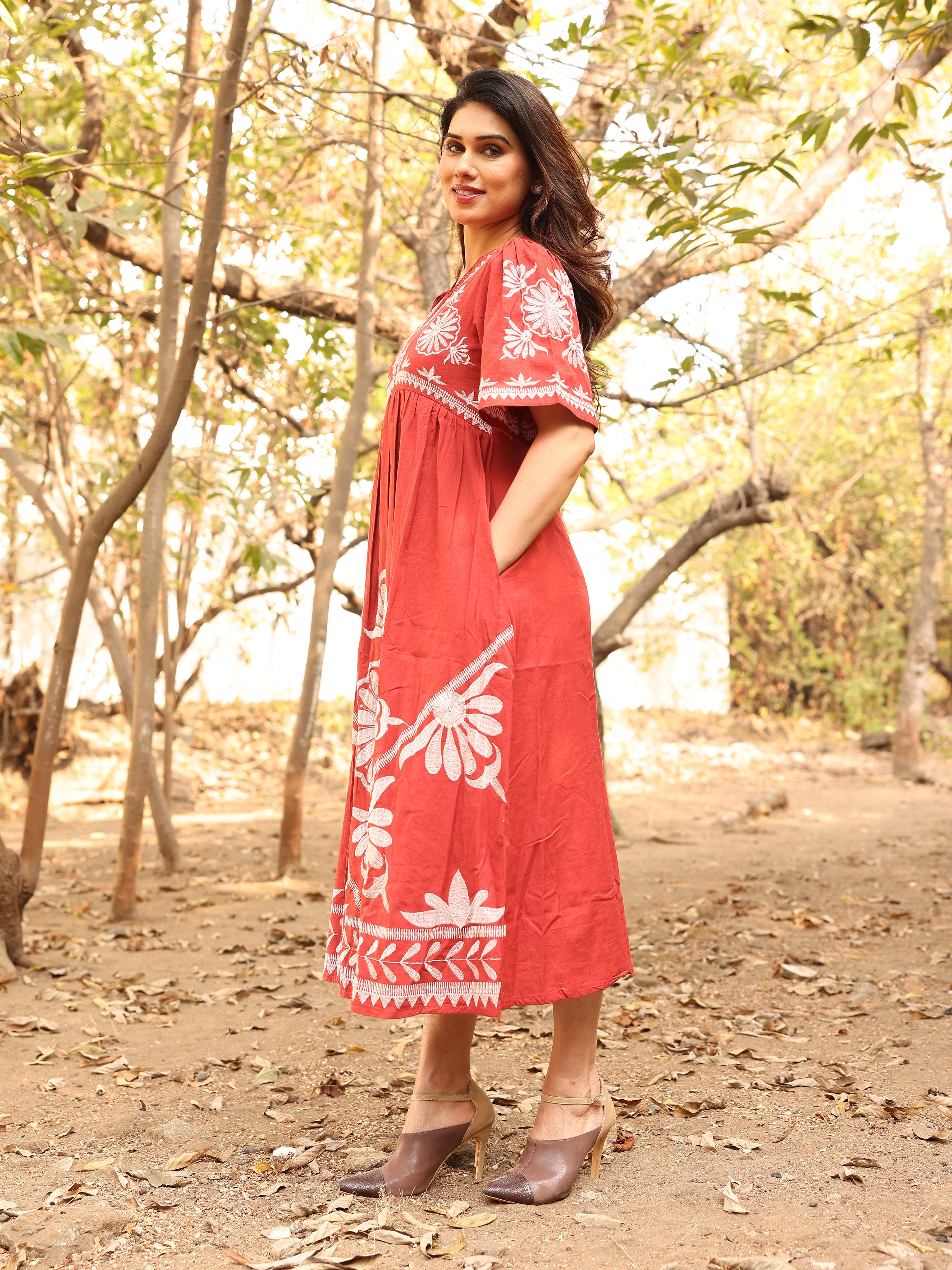 Rust Orange Floral Thread Work Embroidery Gown One Piece Dress