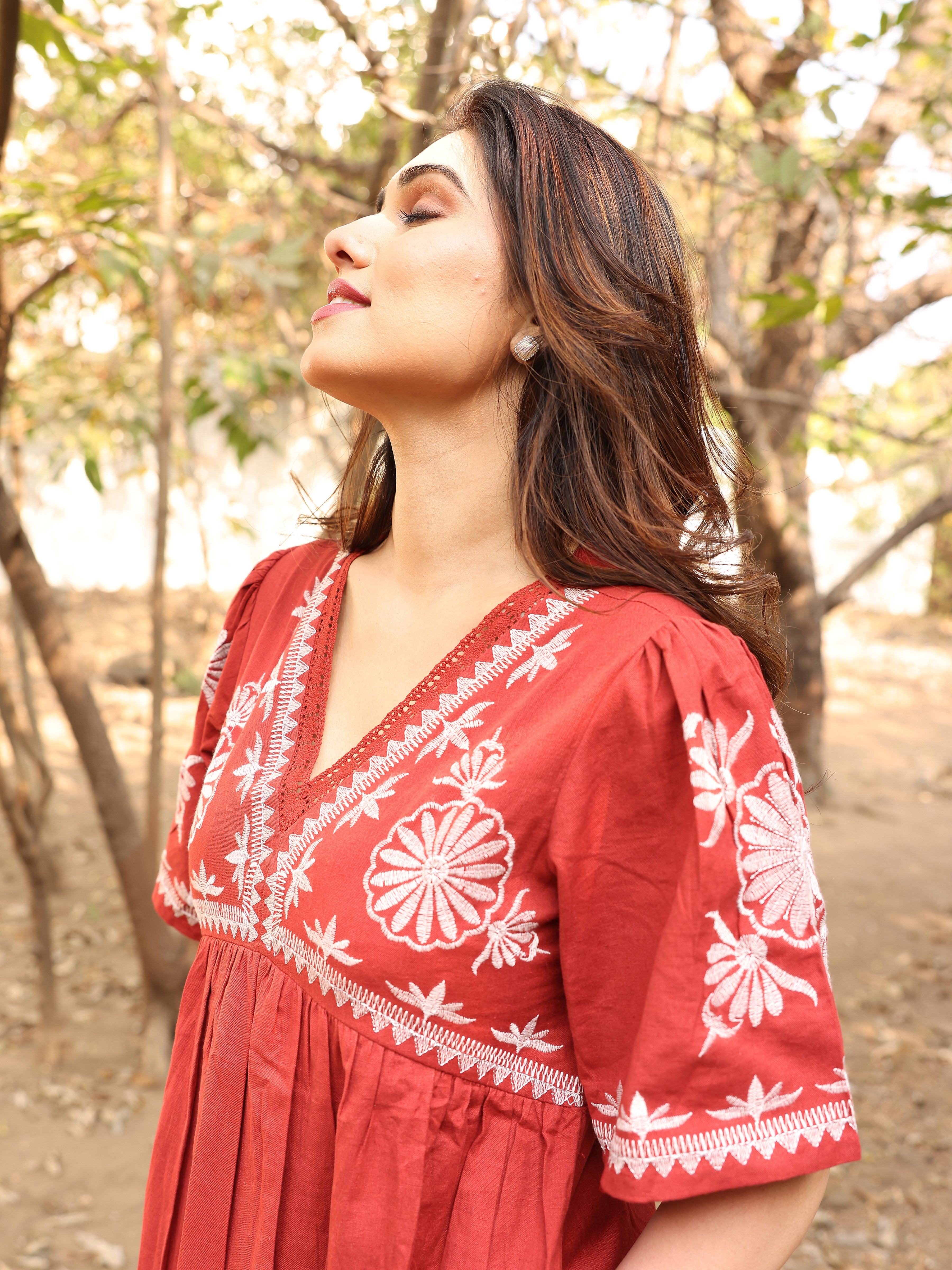 Rust Orange Floral Thread Work Embroidery Gown One Piece Dress
