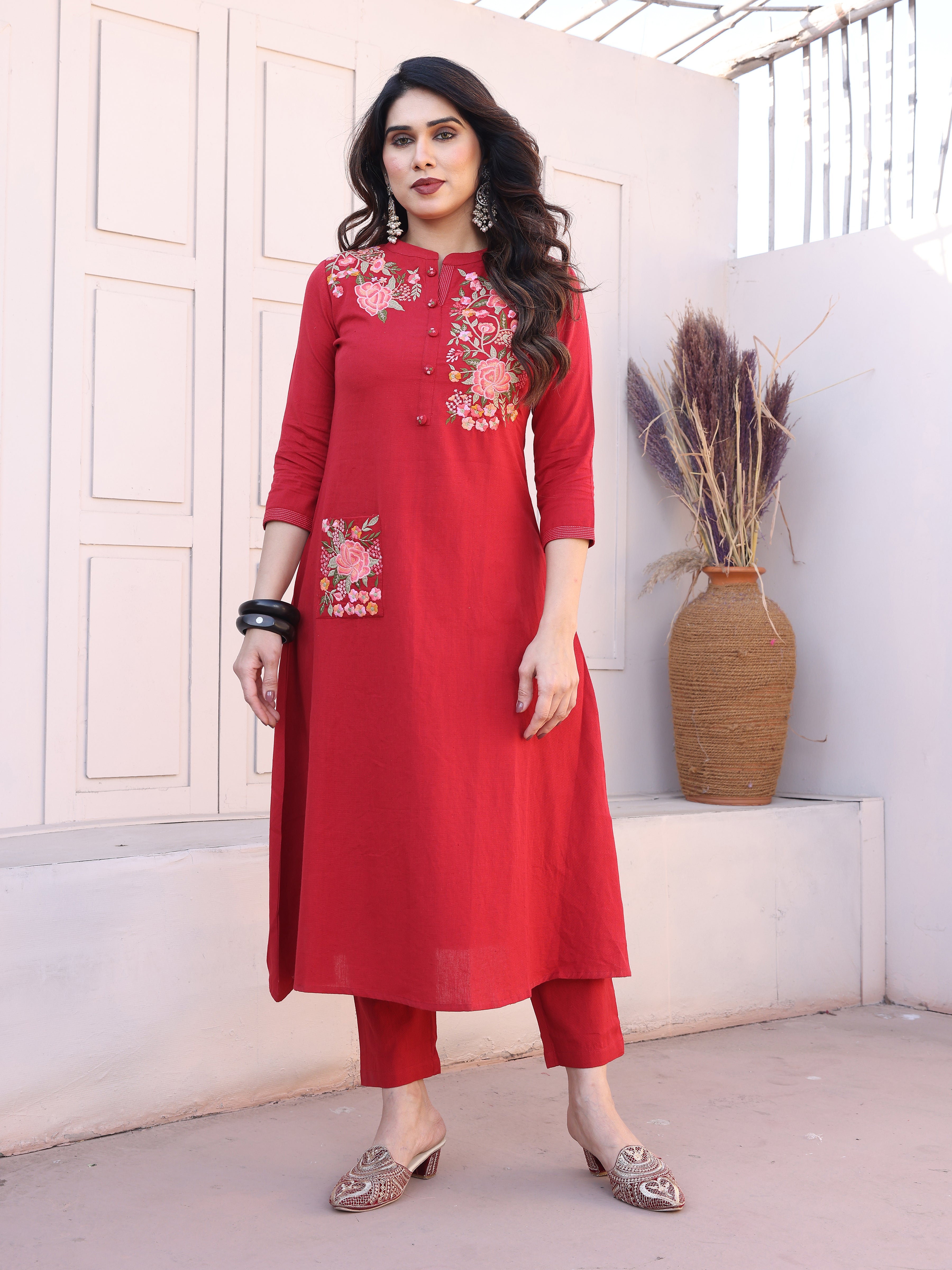 Red Floral Embroidery Straight Kurta with Trousers