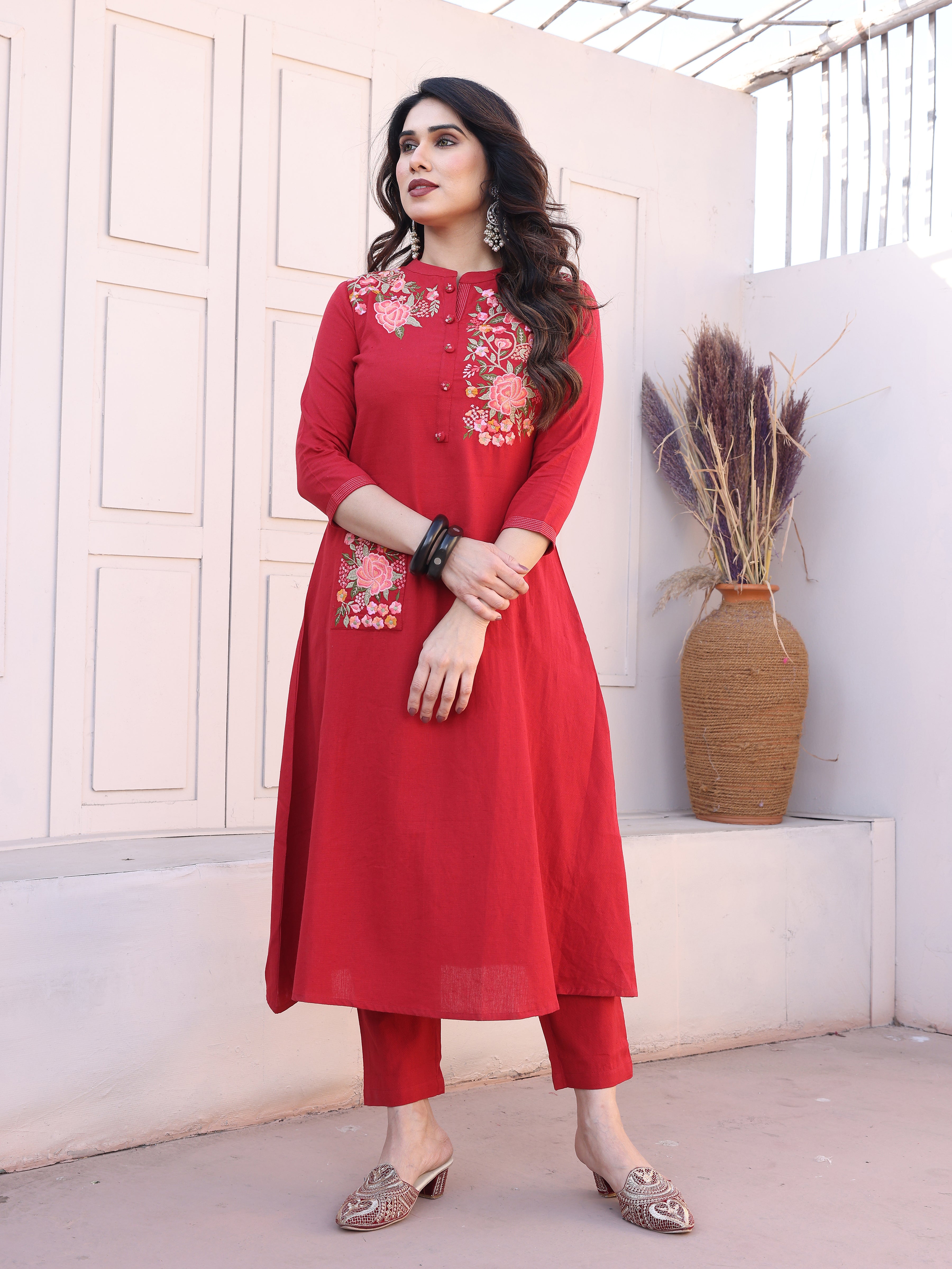 Red Floral Embroidery Straight Kurta with Trousers