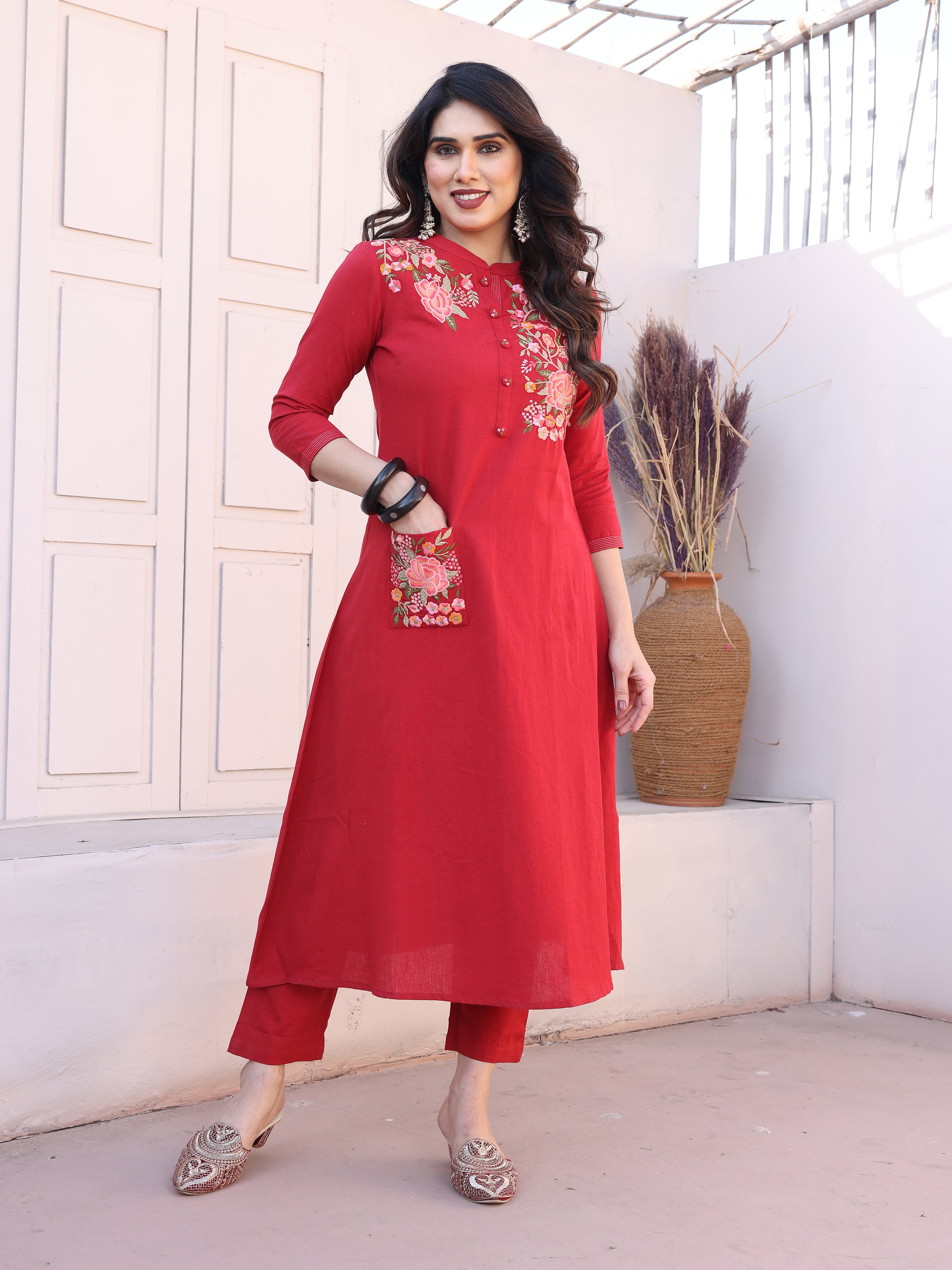 Red Floral Embroidery Straight Kurta with Trousers