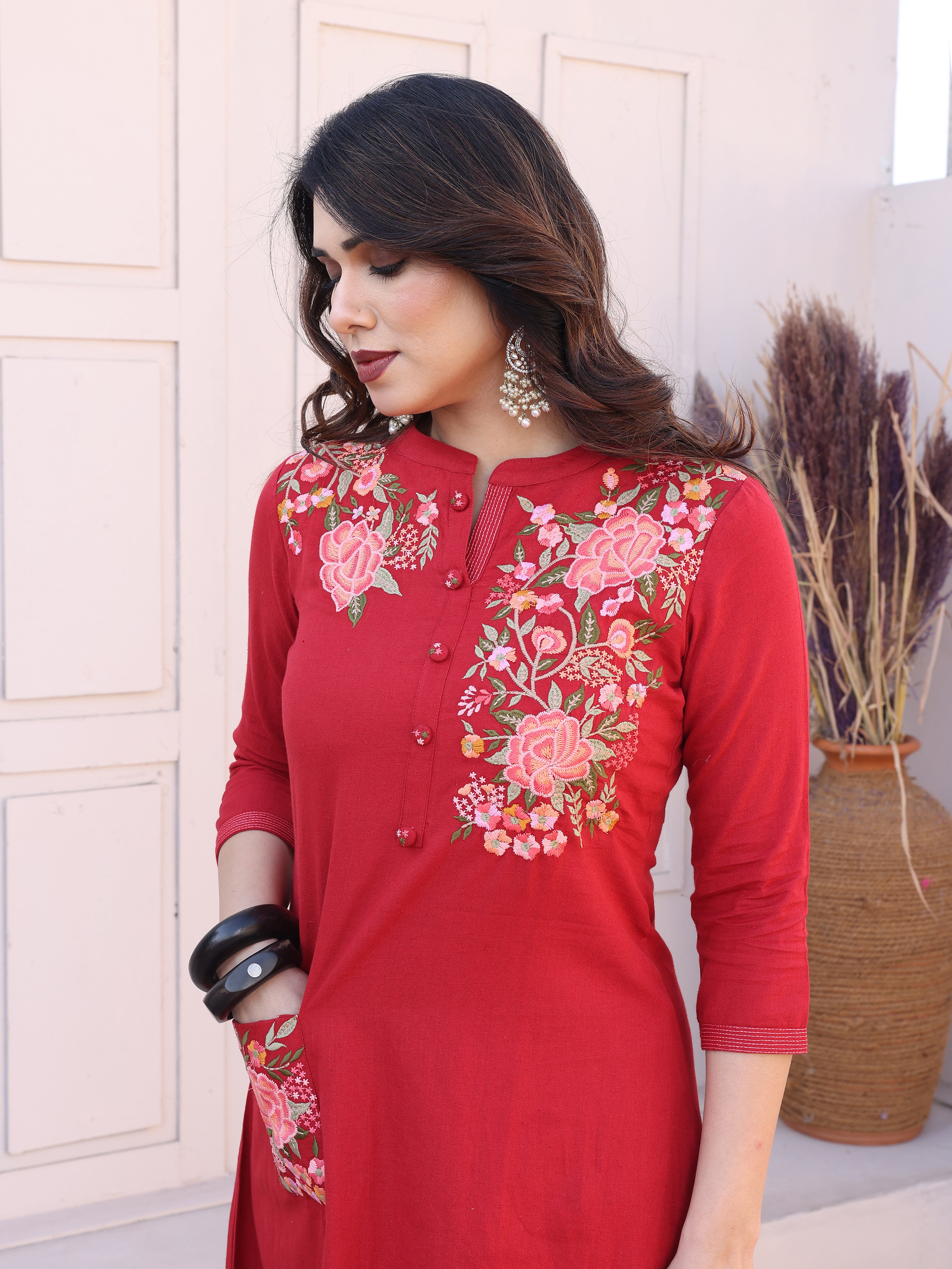Red Floral Embroidery Straight Kurta with Trousers