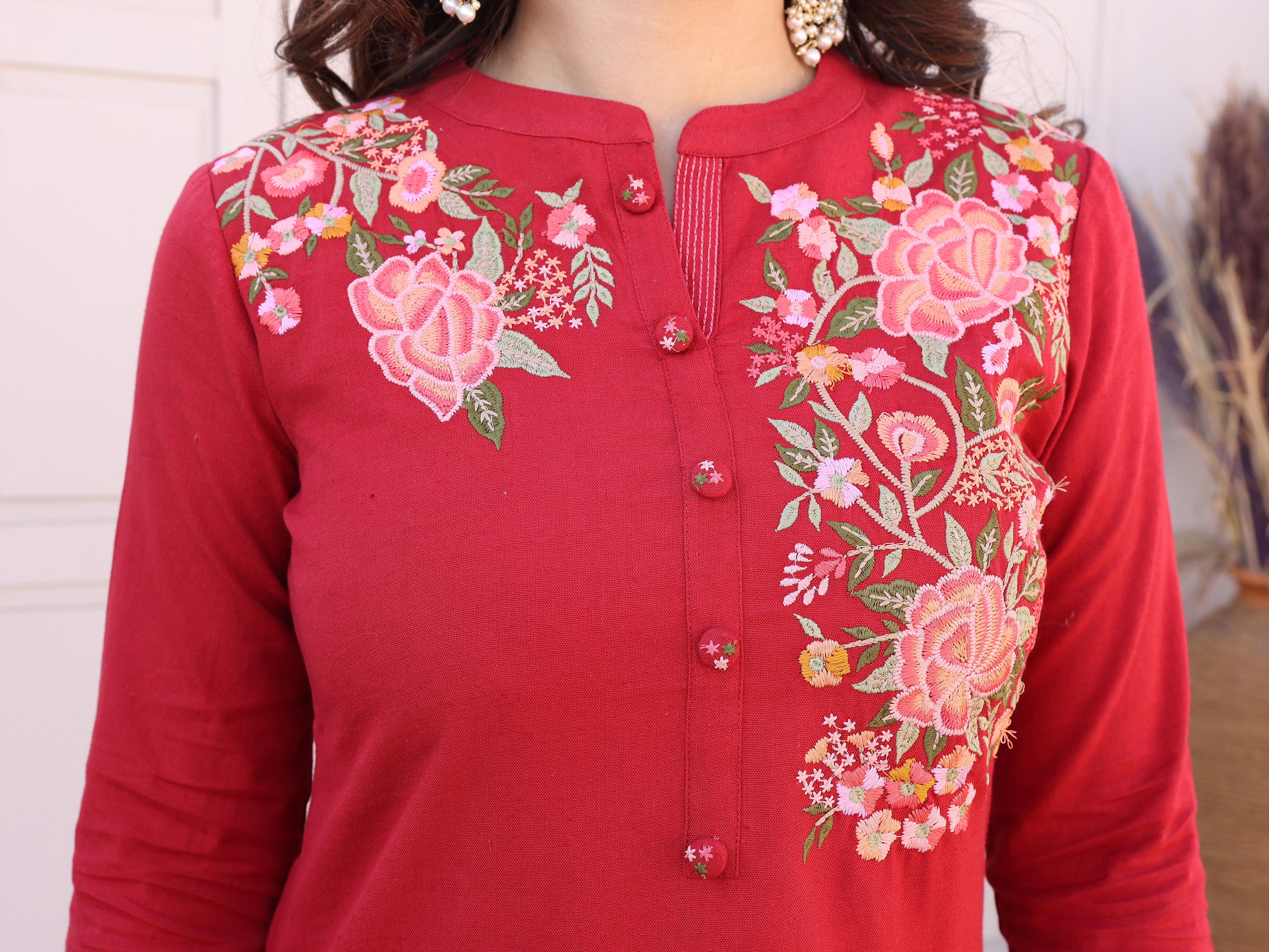 Red Floral Embroidery Straight Kurta with Trousers