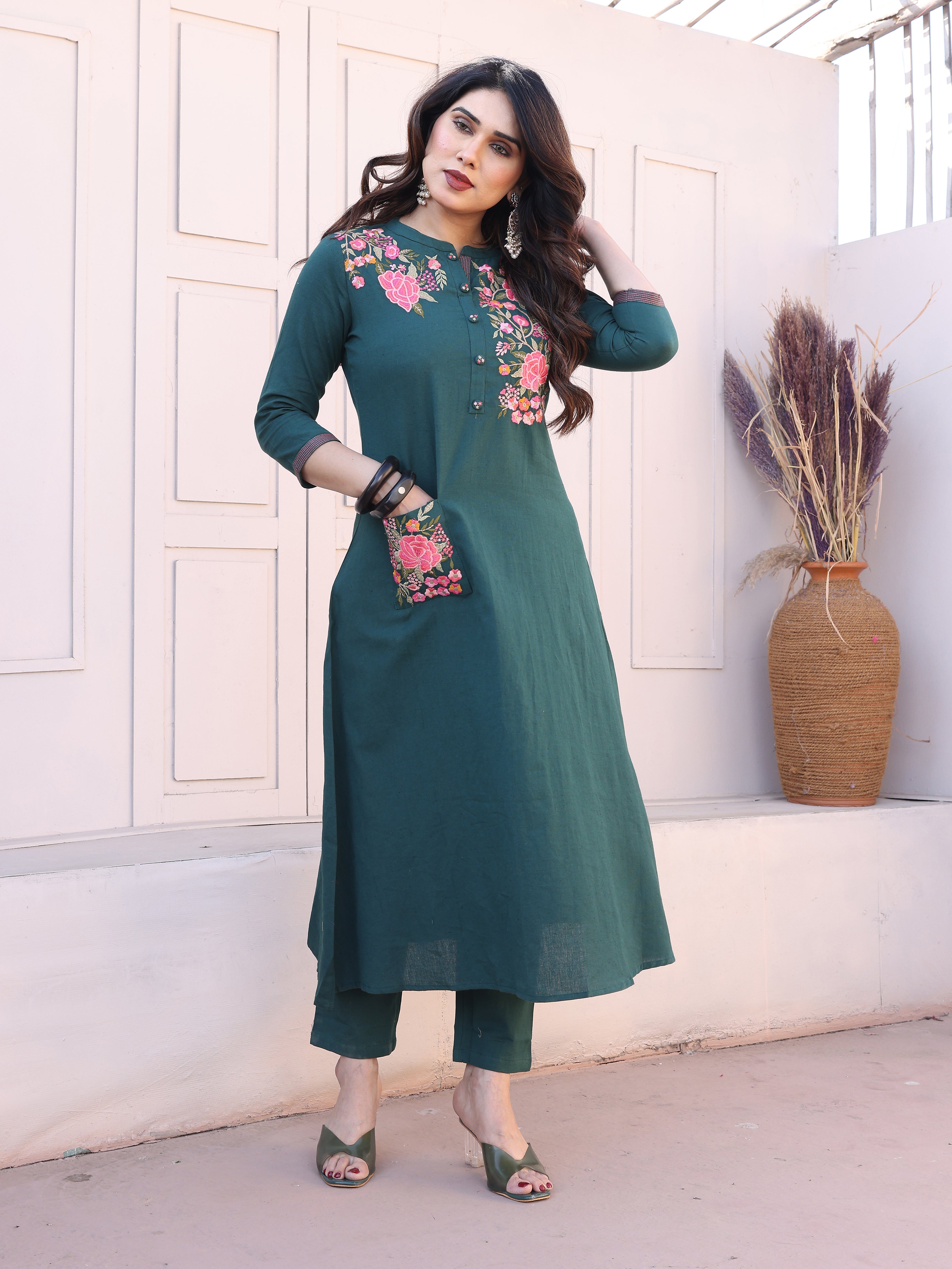 Cyan Blue Floral Embroidery Straight Kurta with Trousers