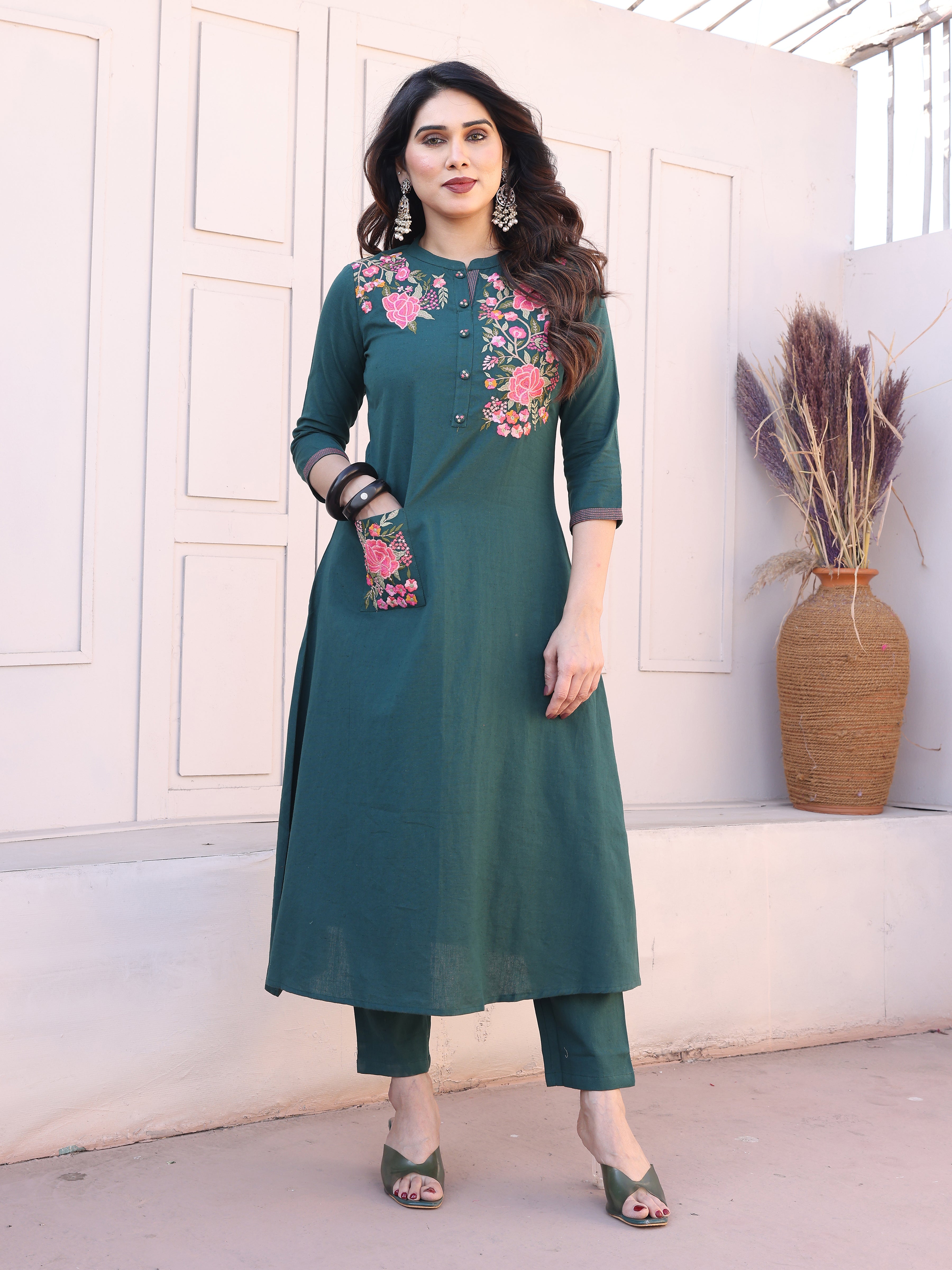 Cyan Blue Floral Embroidery Straight Kurta with Trousers