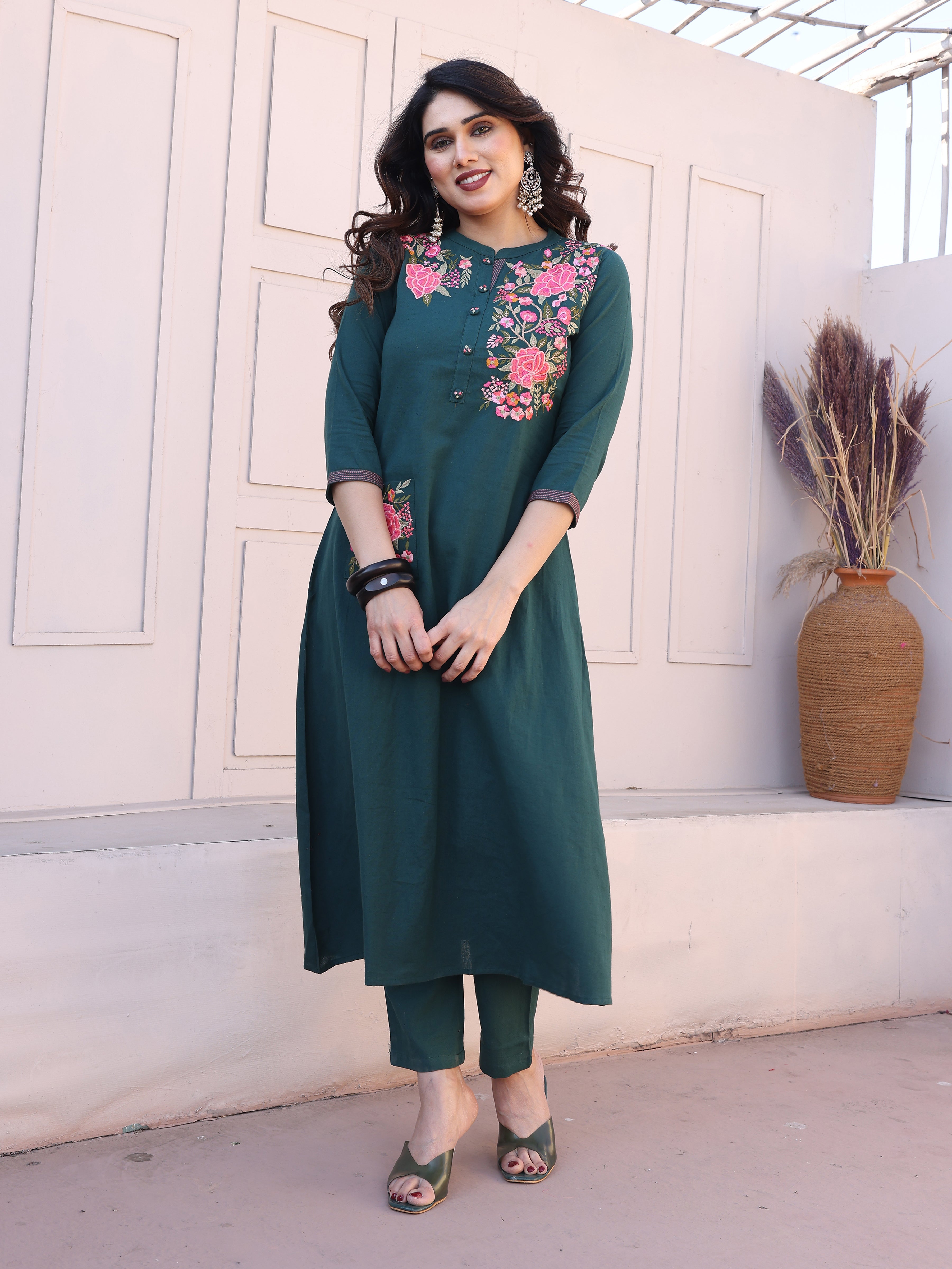Cyan Blue Floral Embroidery Straight Kurta with Trousers