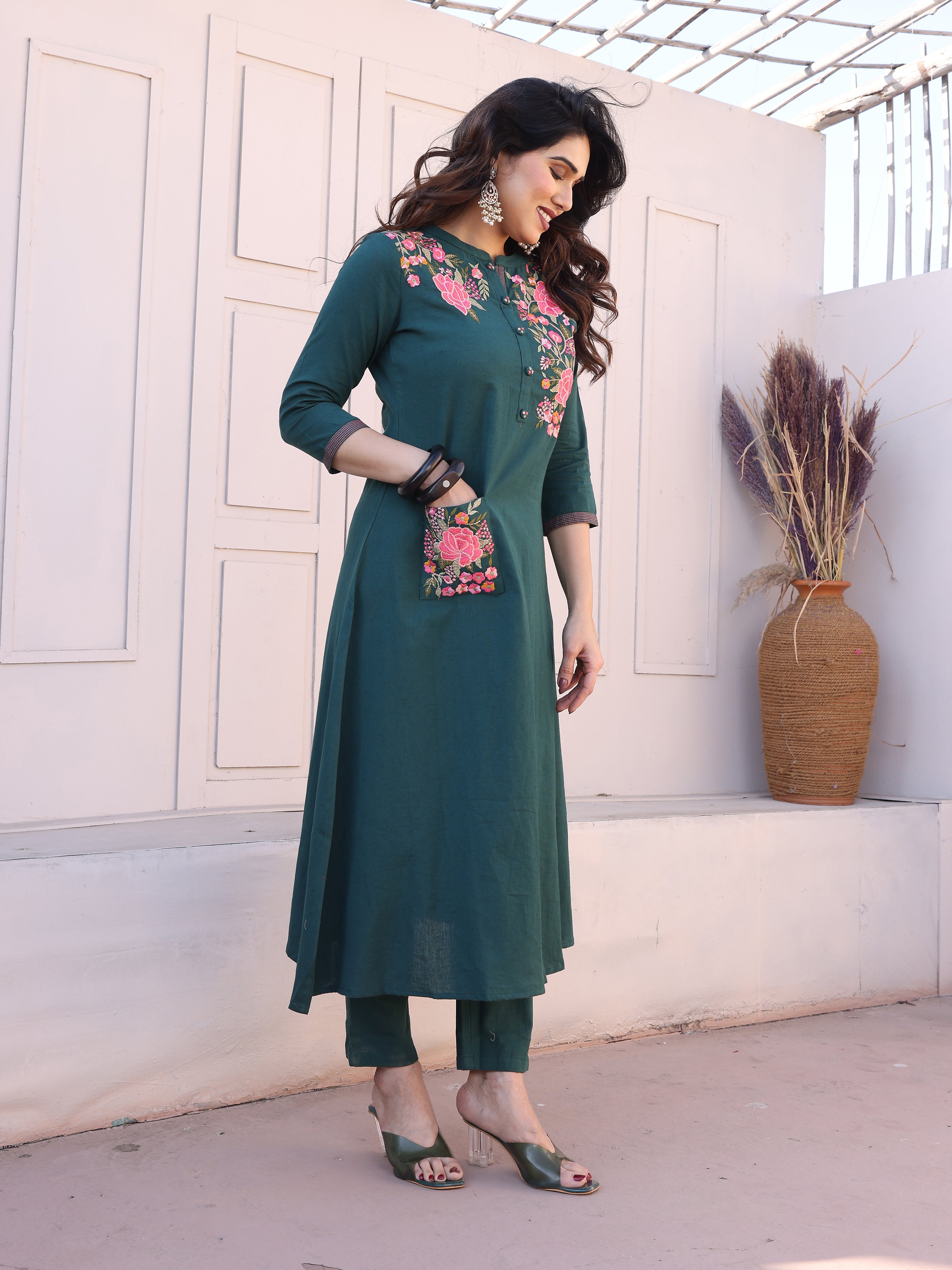 Cyan Blue Floral Embroidery Straight Kurta with Trousers