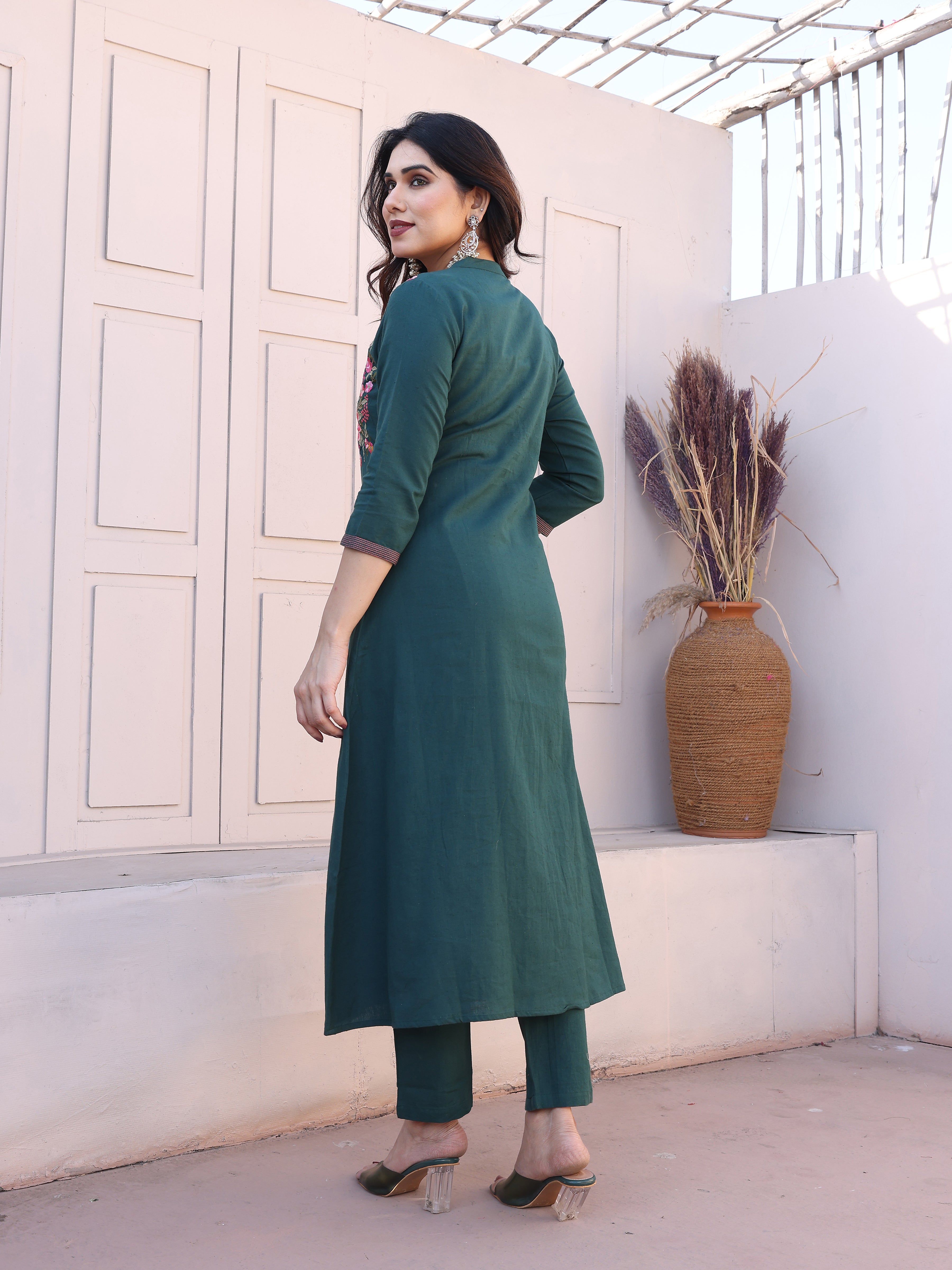 Cyan Blue Floral Embroidery Straight Kurta with Trousers