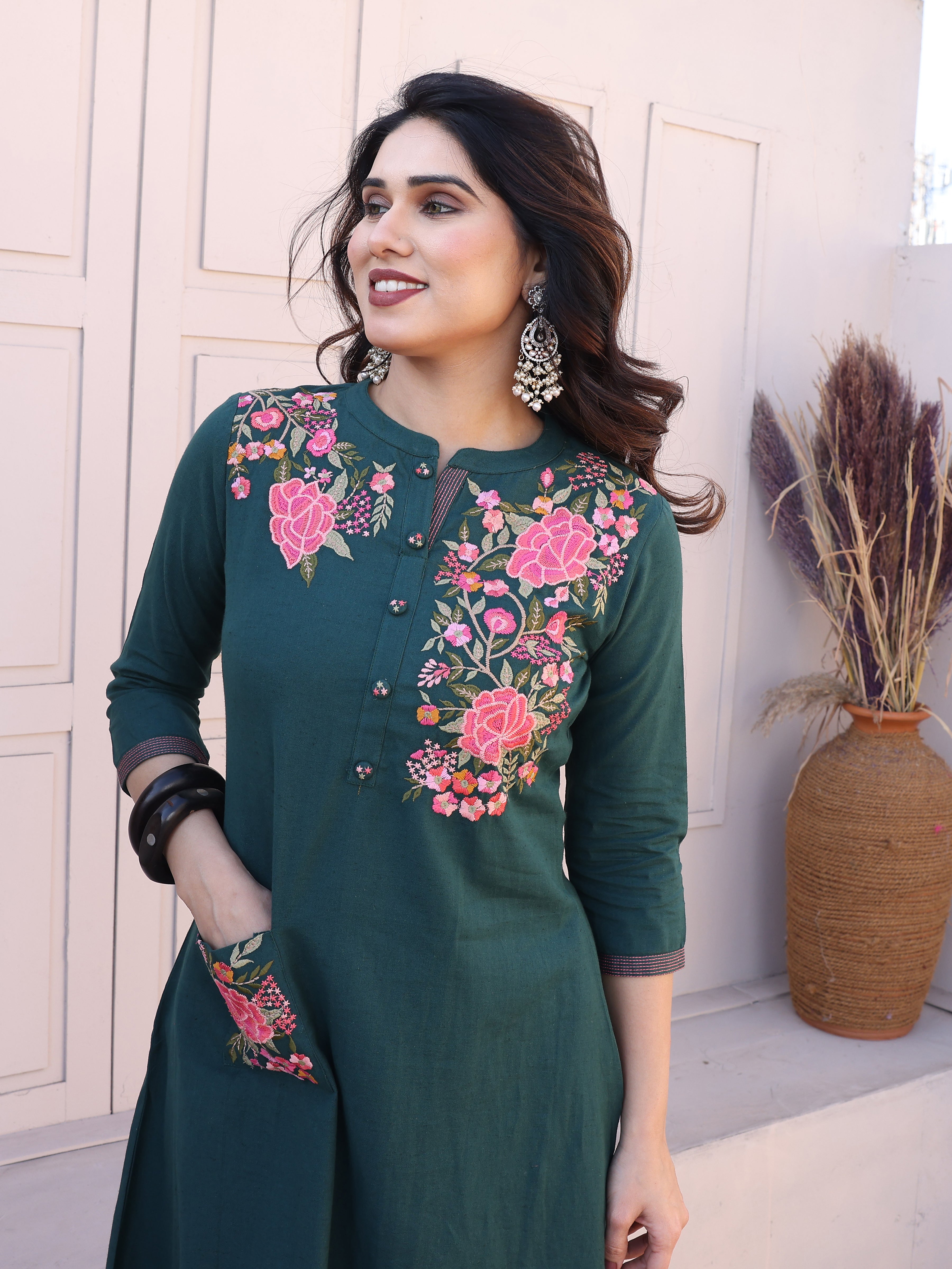 Cyan Blue Floral Embroidery Straight Kurta with Trousers