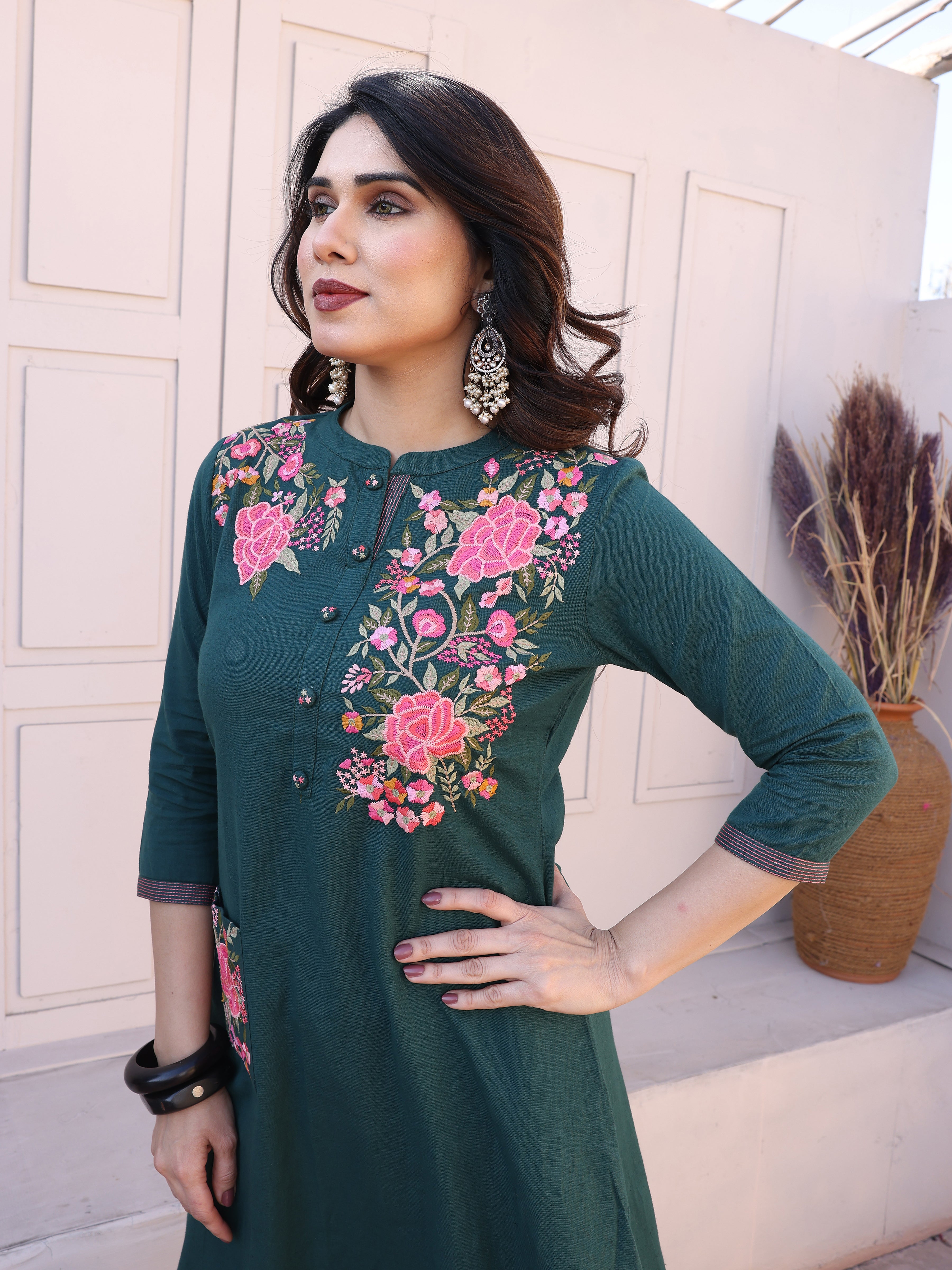 Cyan Blue Floral Embroidery Straight Kurta with Trousers