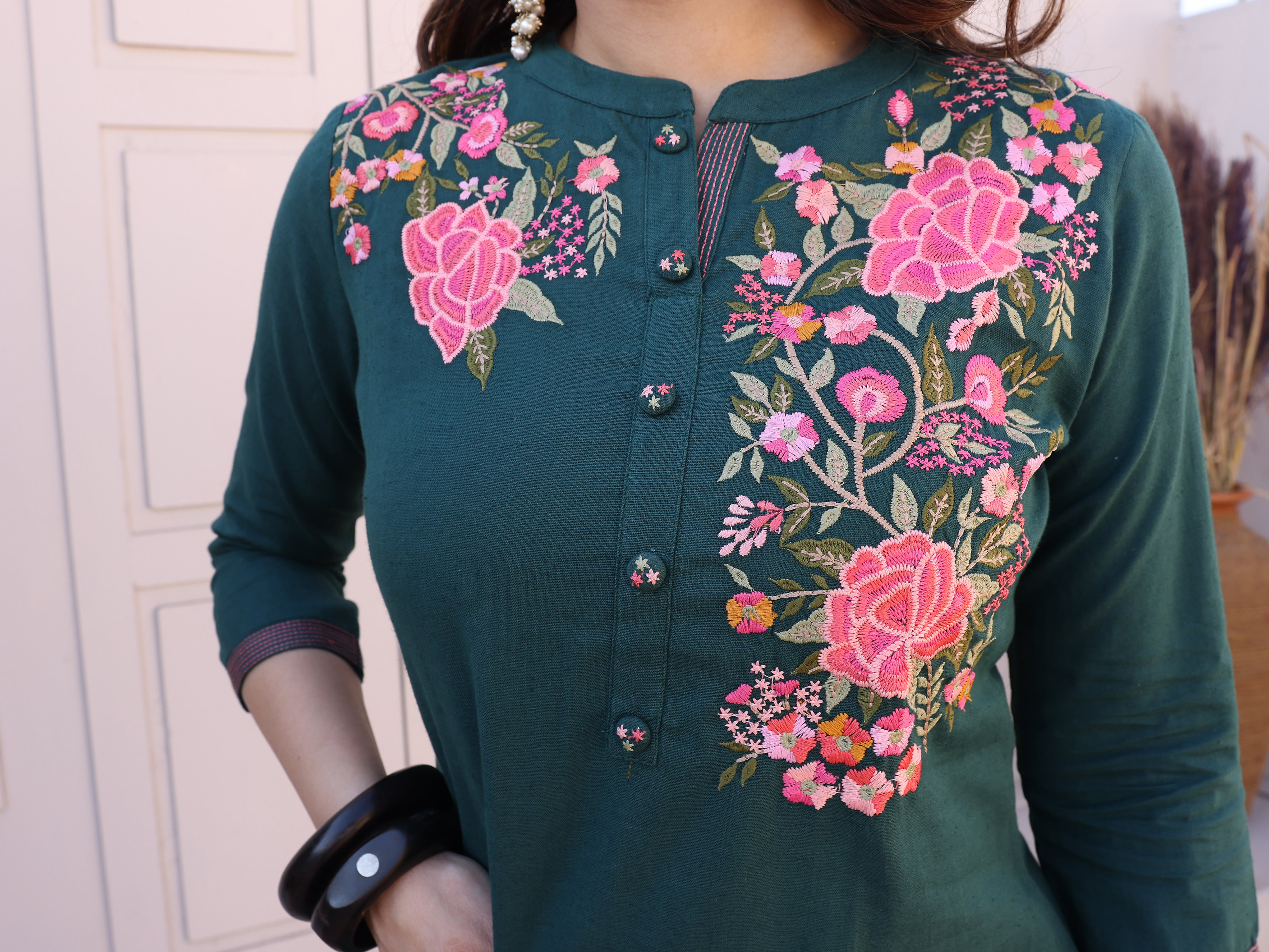 Cyan Blue Floral Embroidery Straight Kurta with Trousers