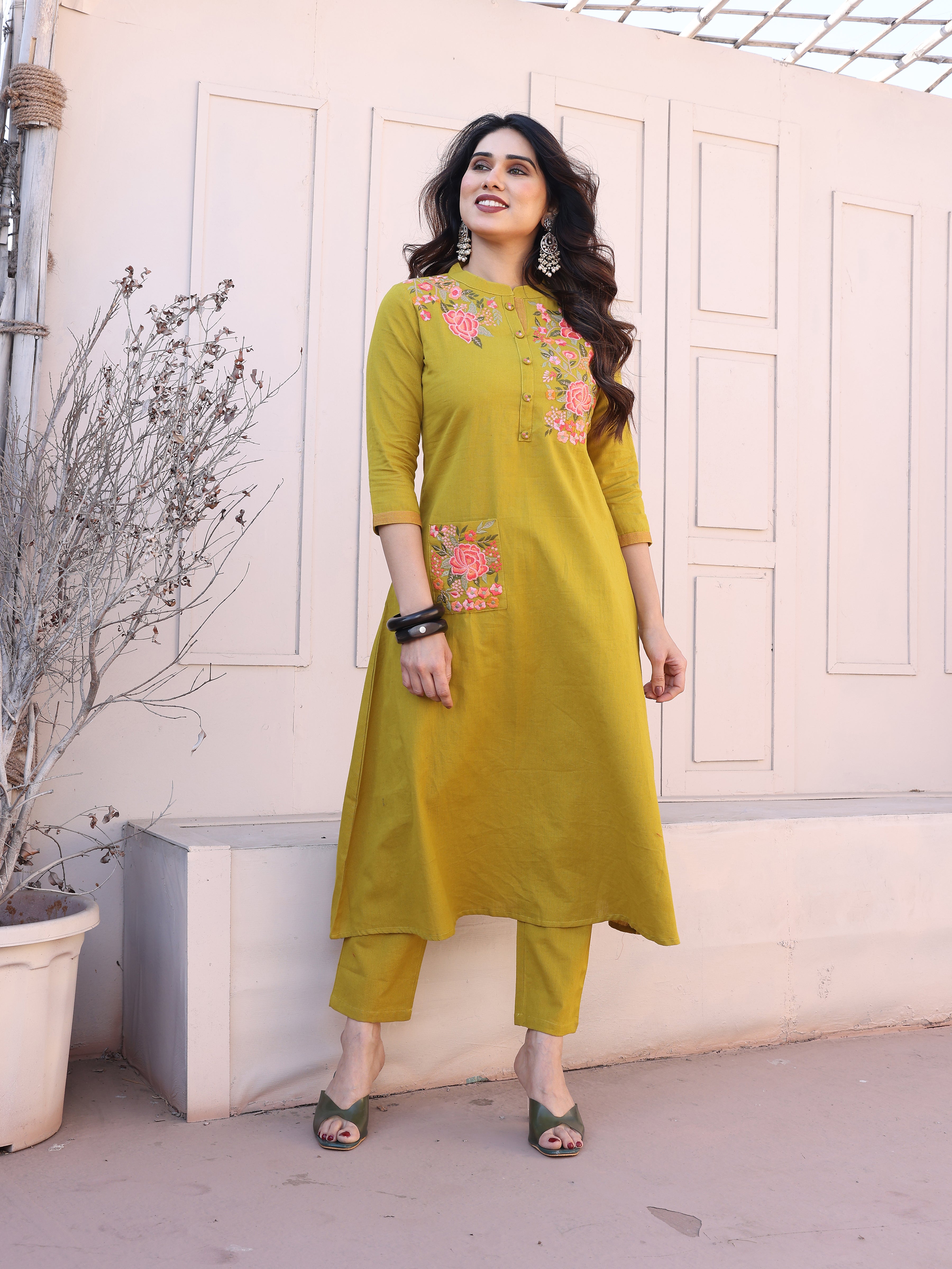 Olive Green Floral Embroidery Straight Kurta with Trousers