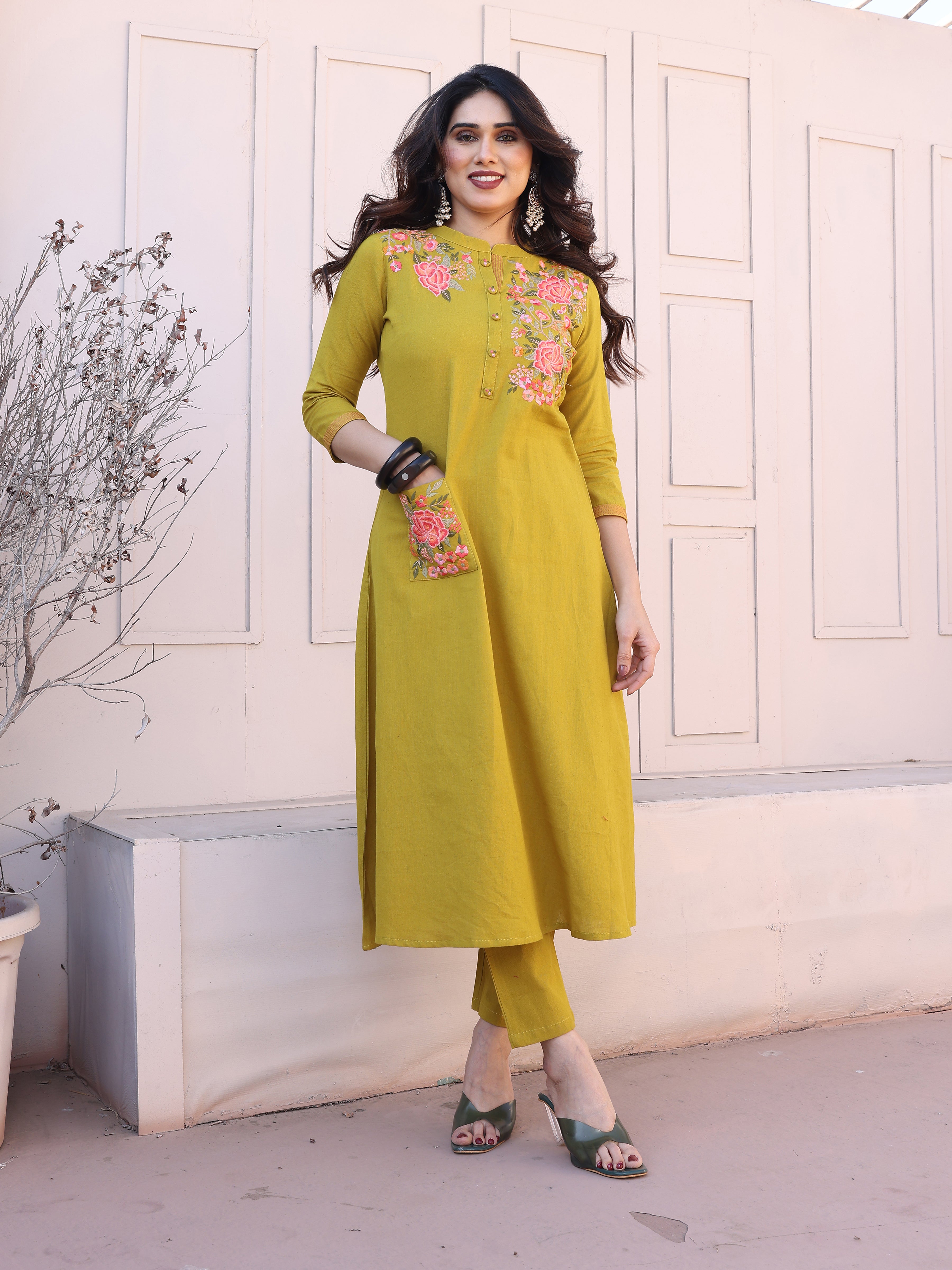 Olive Green Floral Embroidery Straight Kurta with Trousers