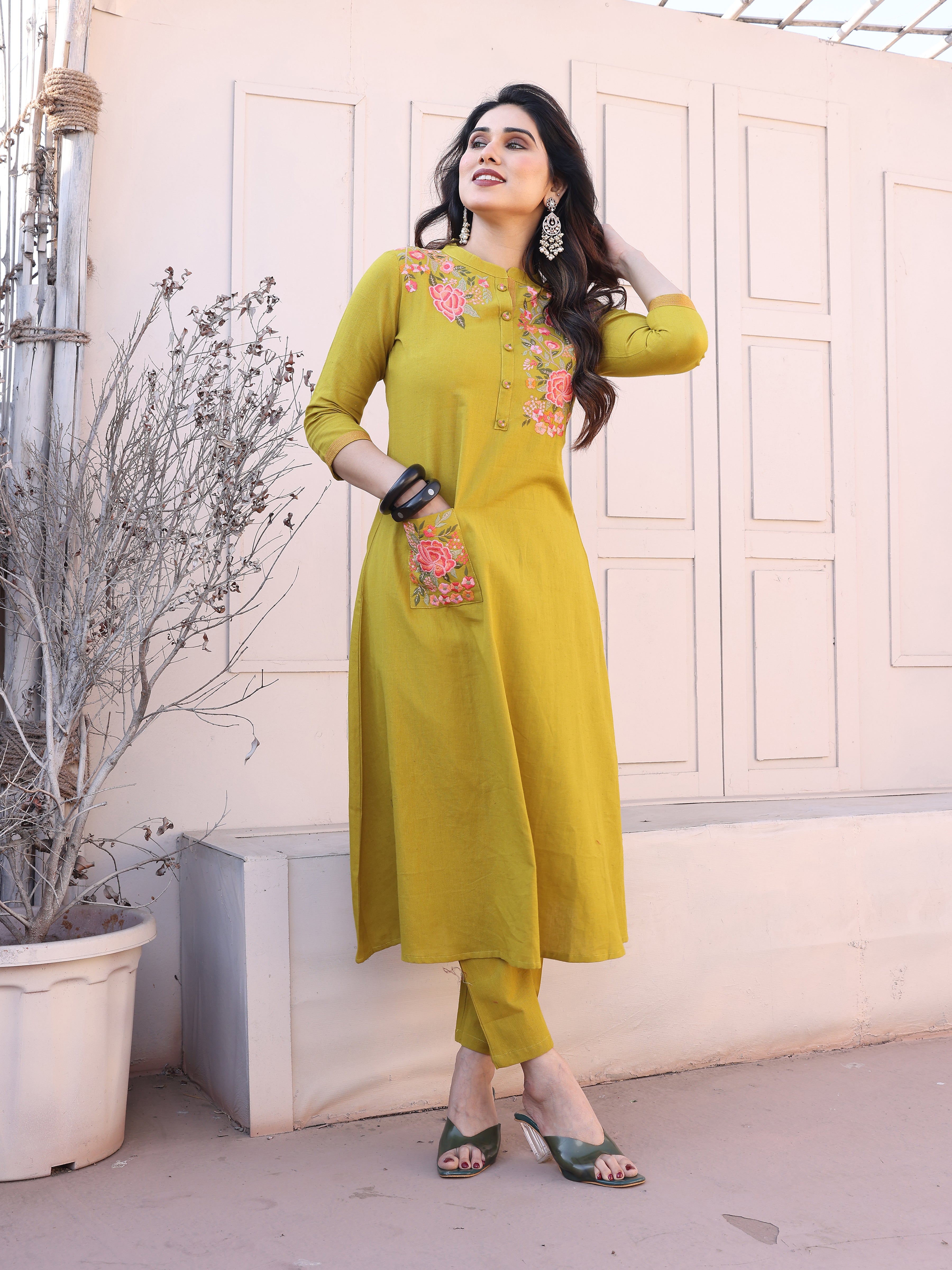 Olive Green Floral Embroidery Straight Kurta with Trousers