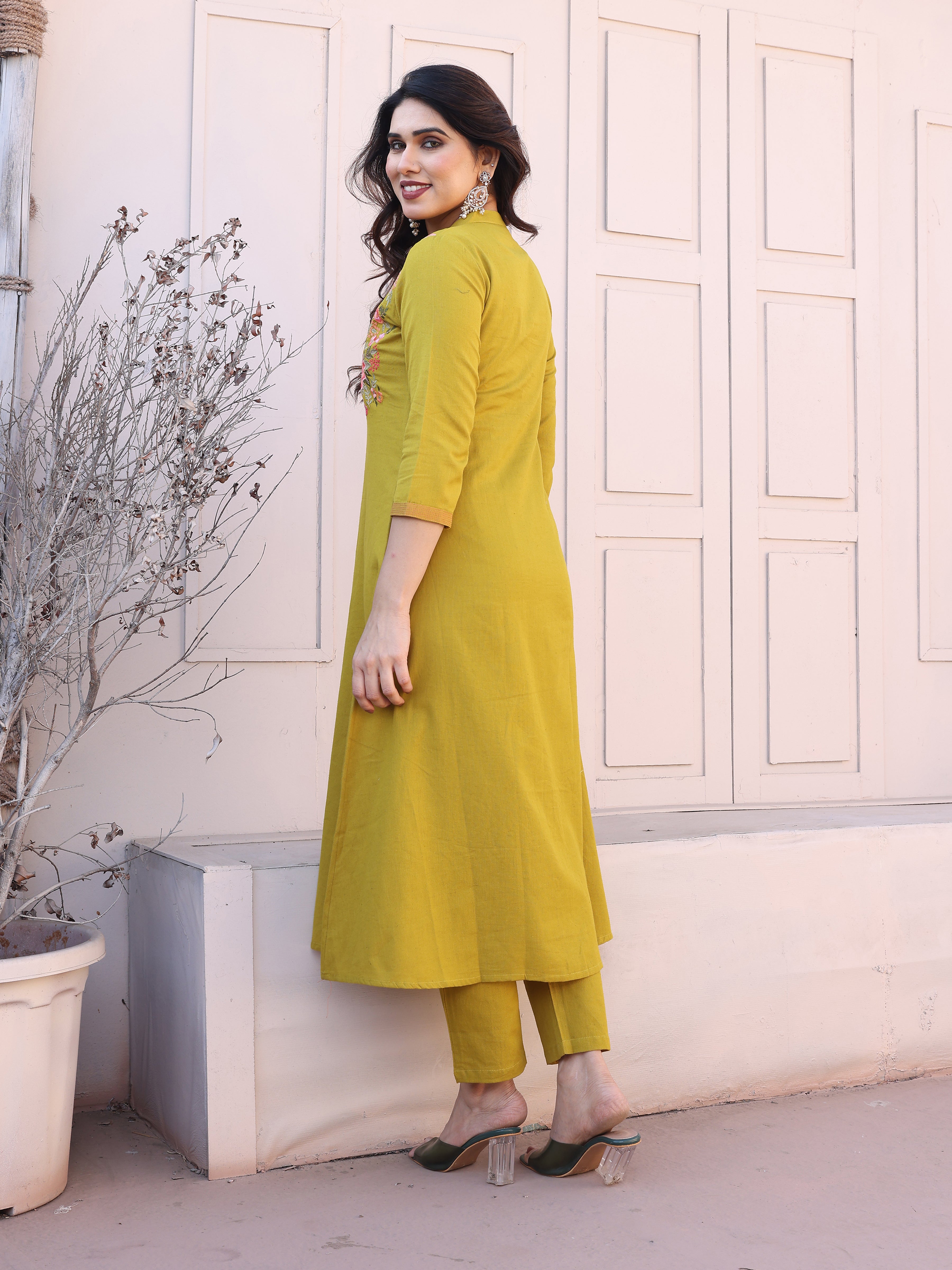 Olive Green Floral Embroidery Straight Kurta with Trousers
