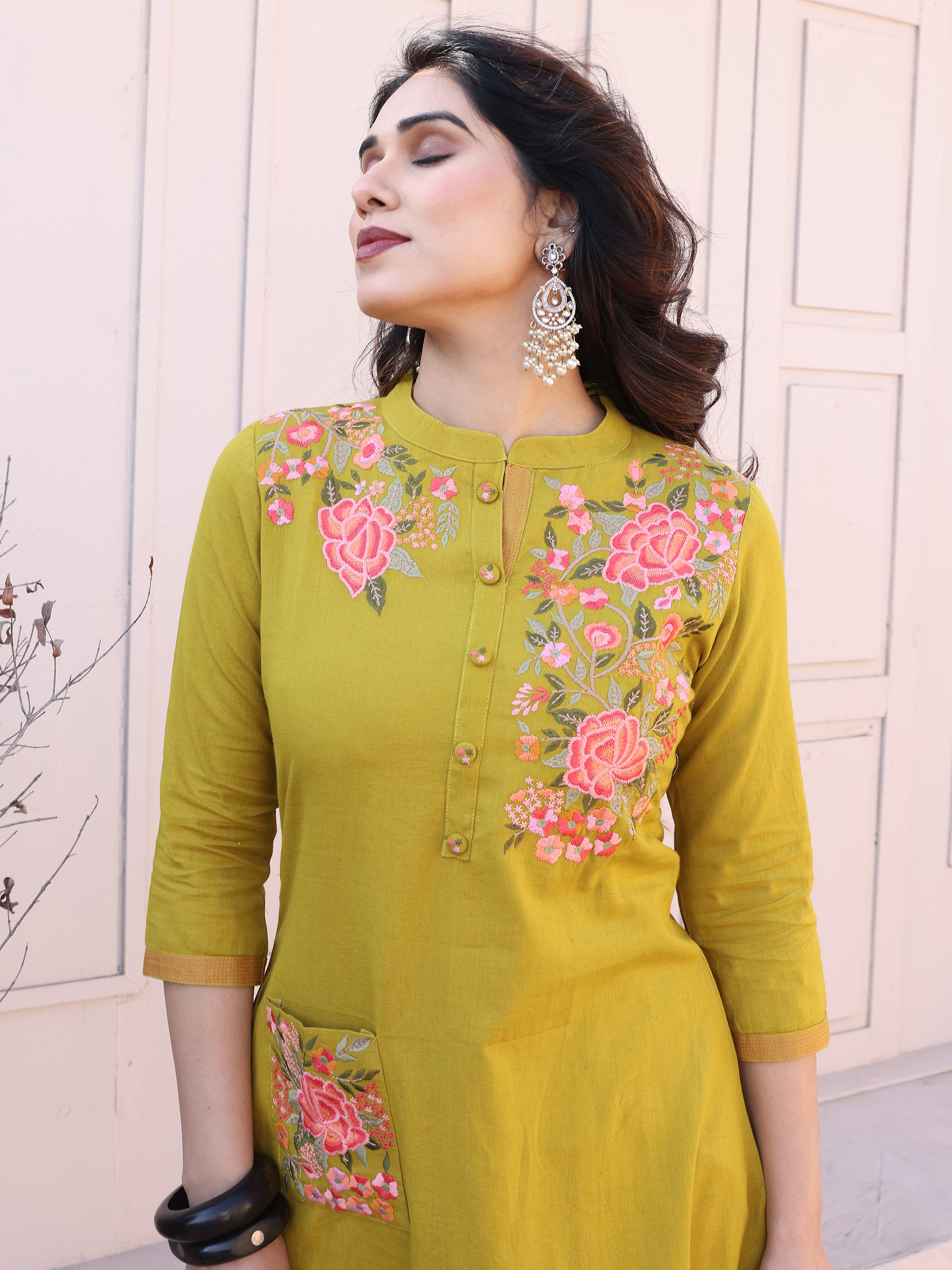 Olive Green Floral Embroidery Straight Kurta with Trousers