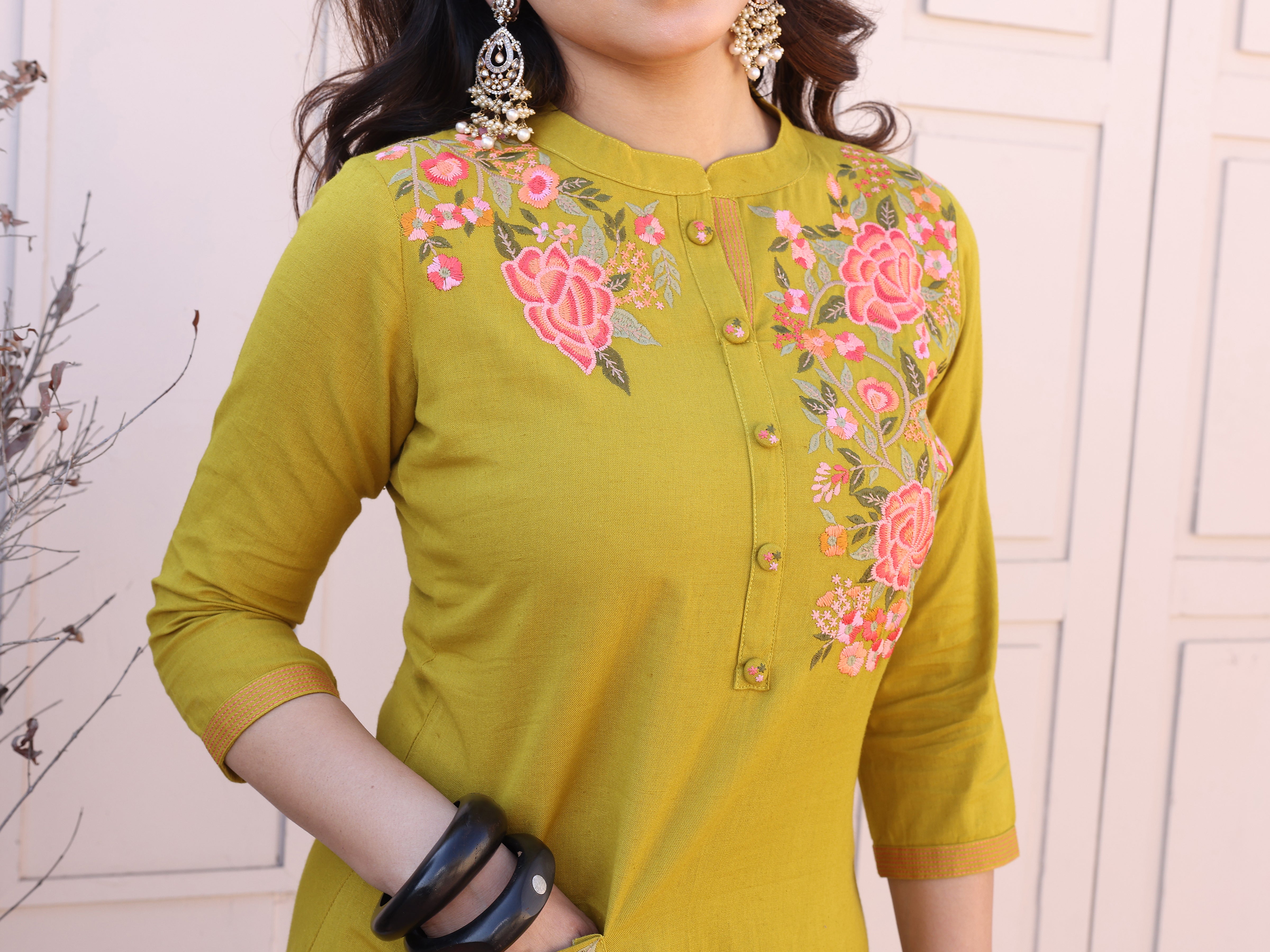 Olive Green Floral Embroidery Straight Kurta with Trousers
