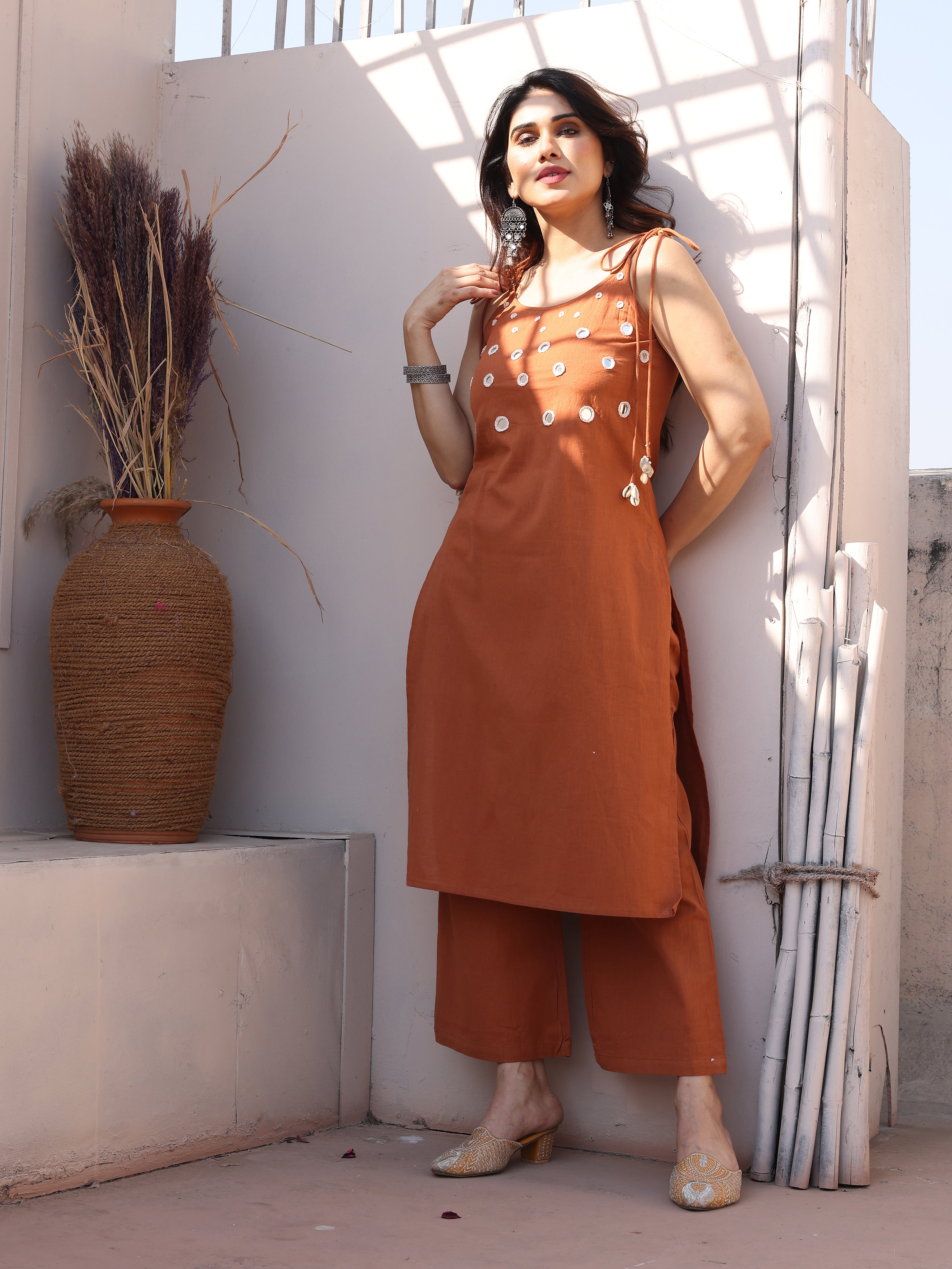 Brown Mirror Patch Work Embroidery Kurta Pant Set