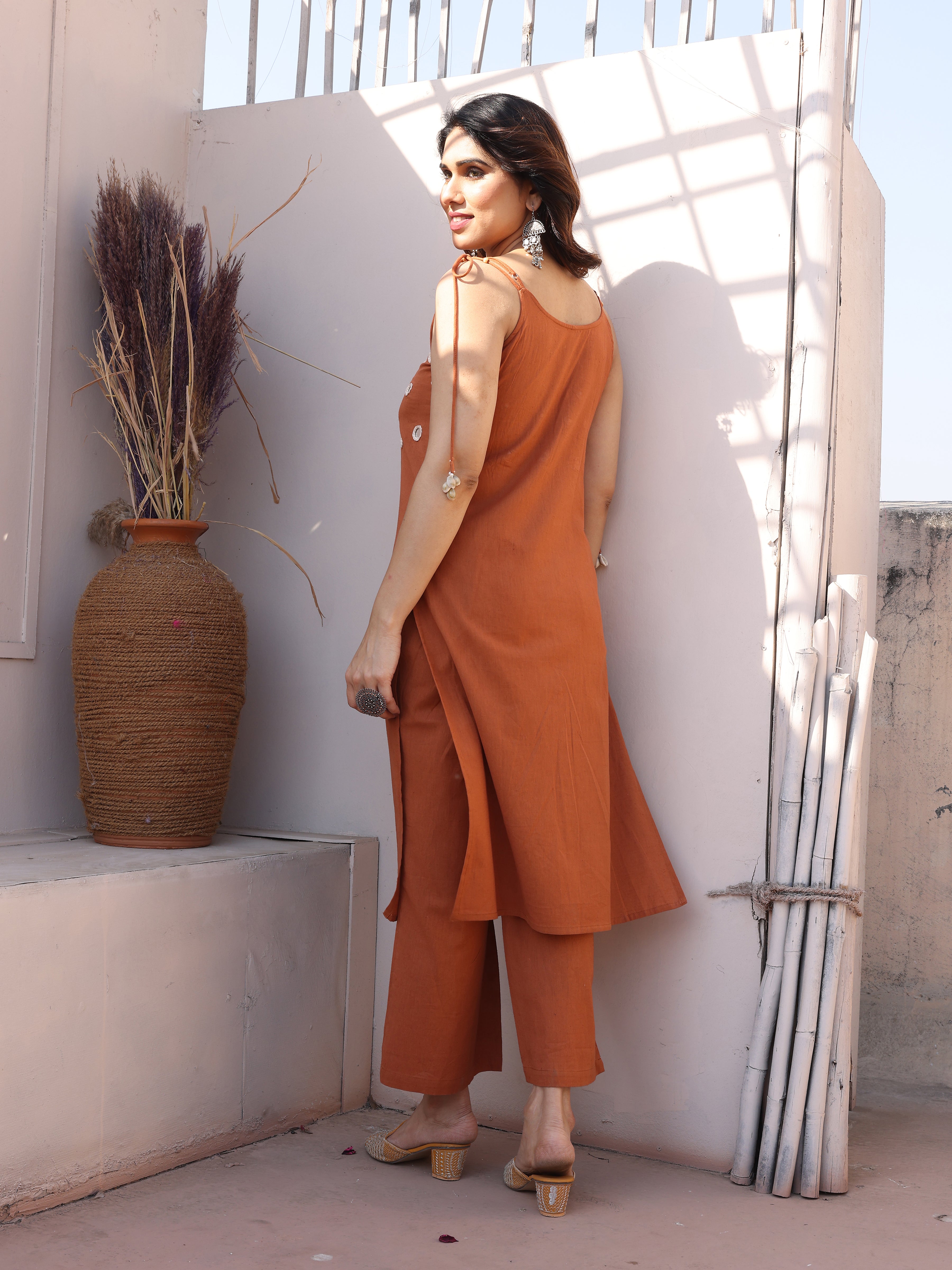 Brown Mirror Patch Work Embroidery Kurta Pant Set