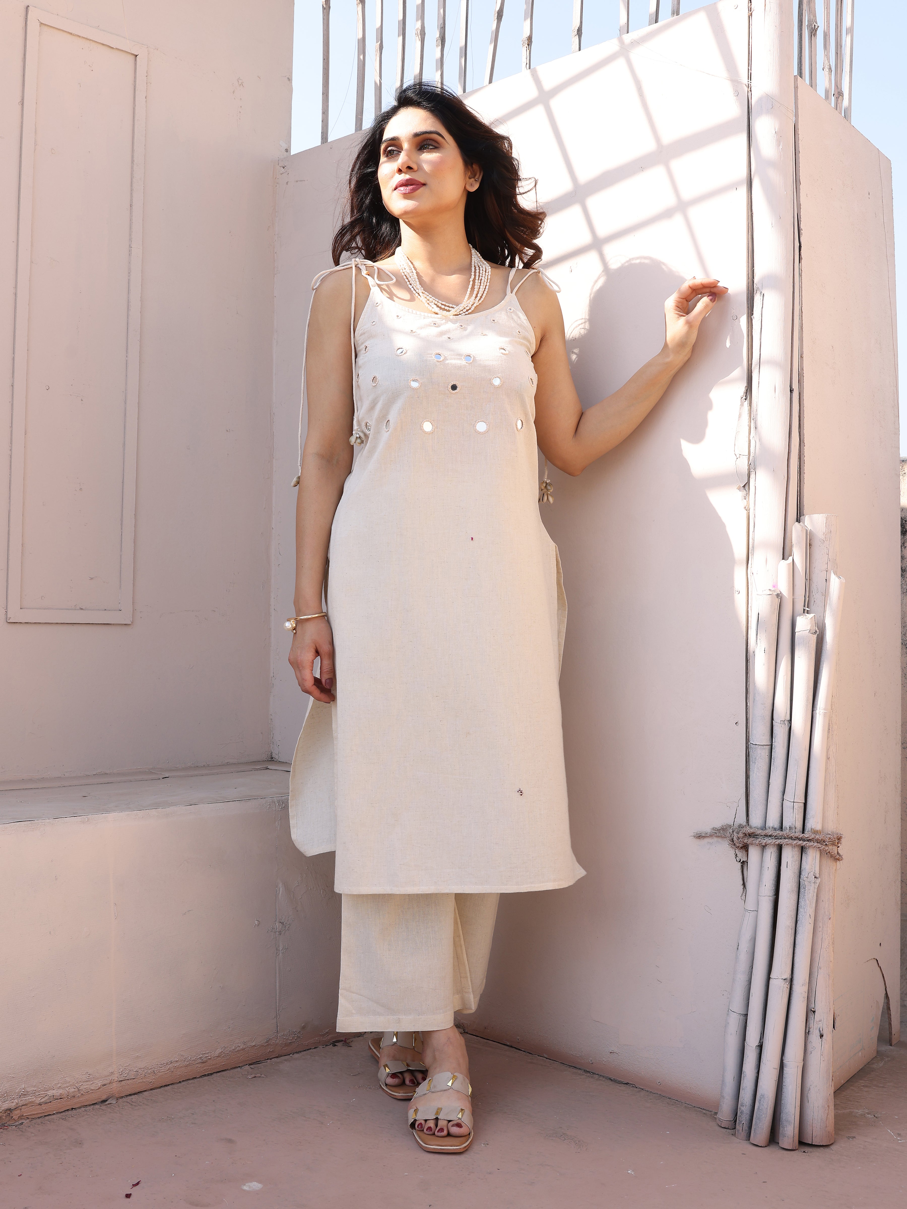 White Mirror Patch Work Embroidery Kurta Pant Set