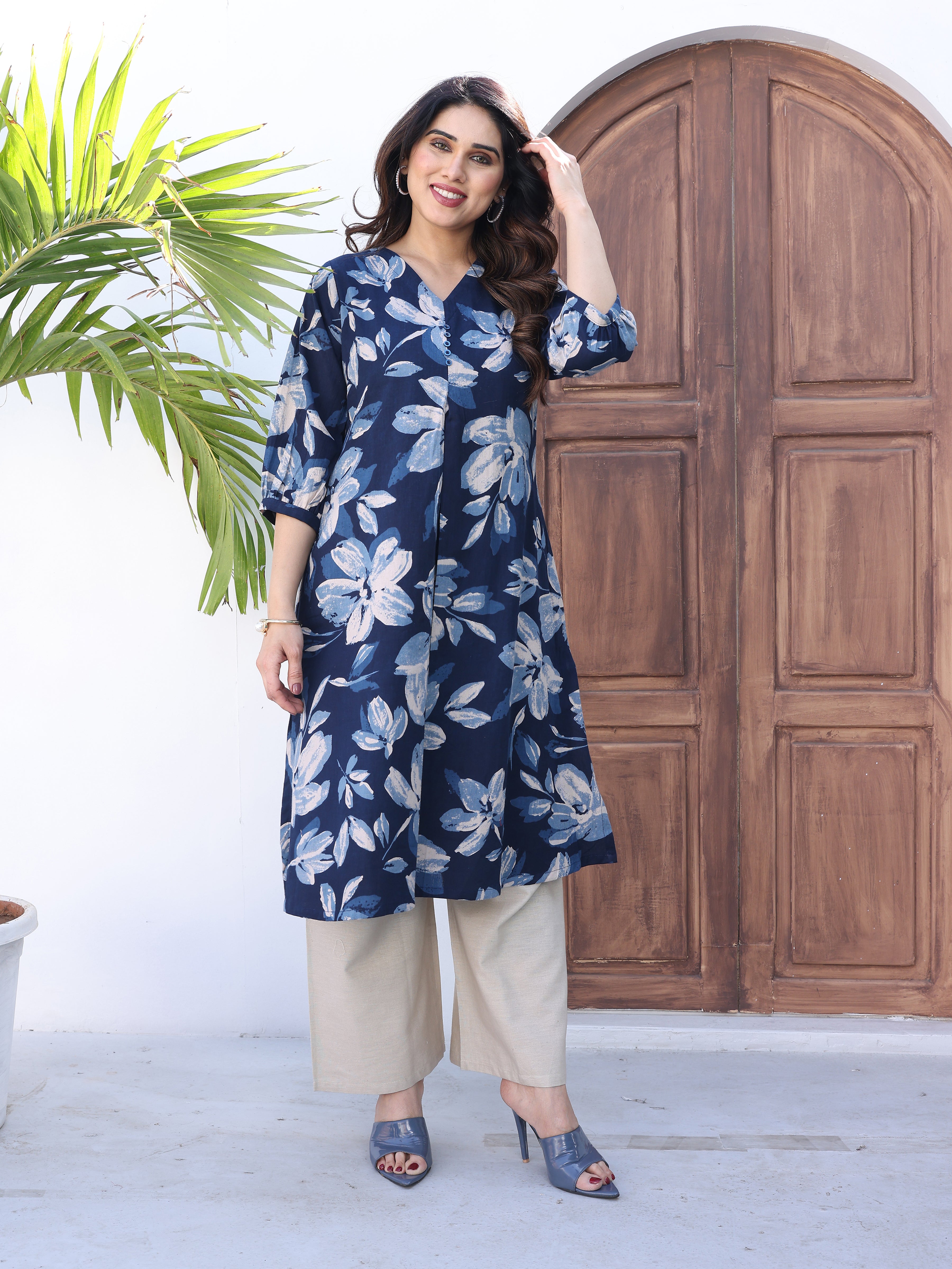 Navy Blue Printed Cotton Kurta Palazzo Set