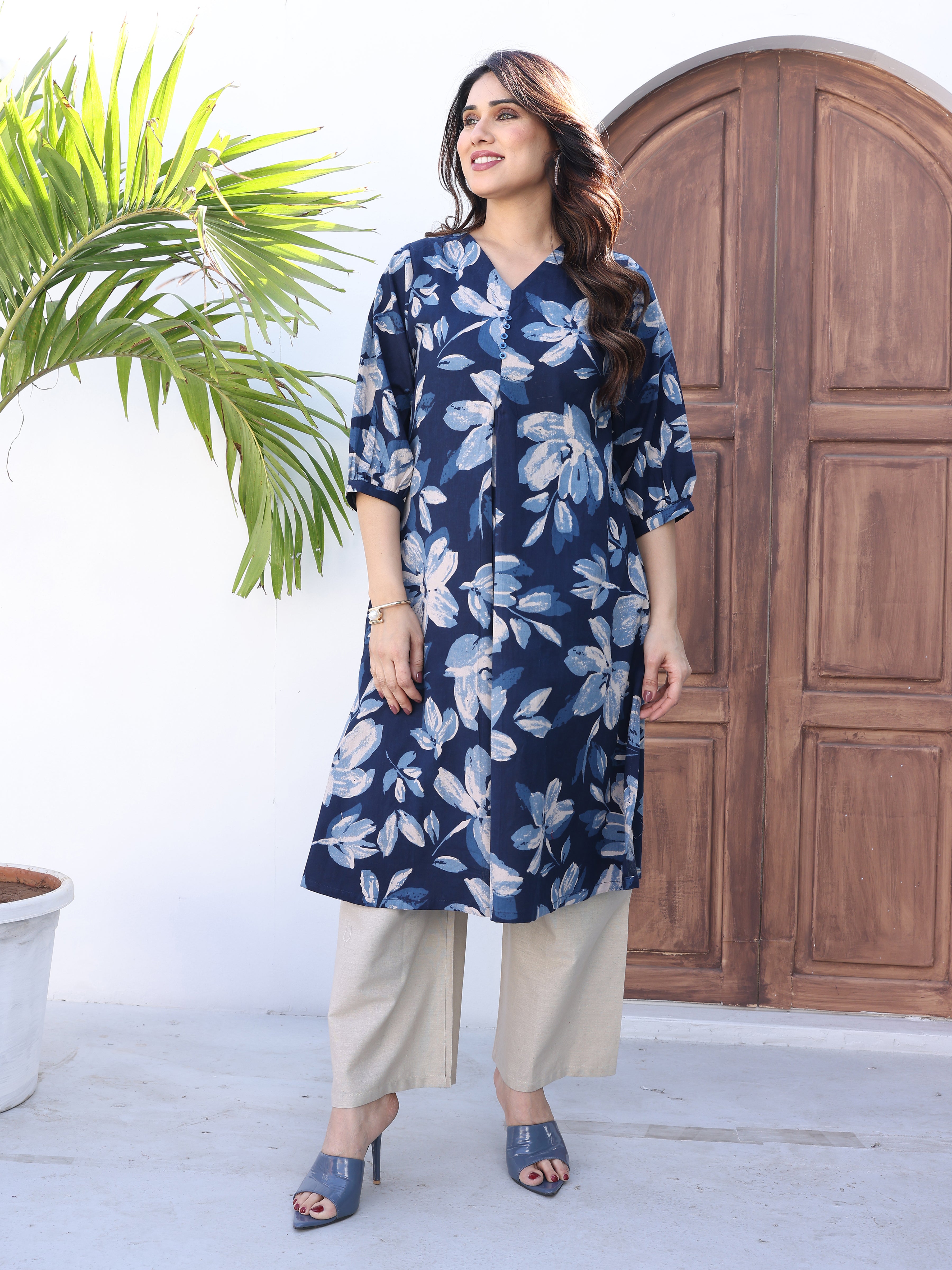 Navy Blue Printed Cotton Kurta Palazzo Set