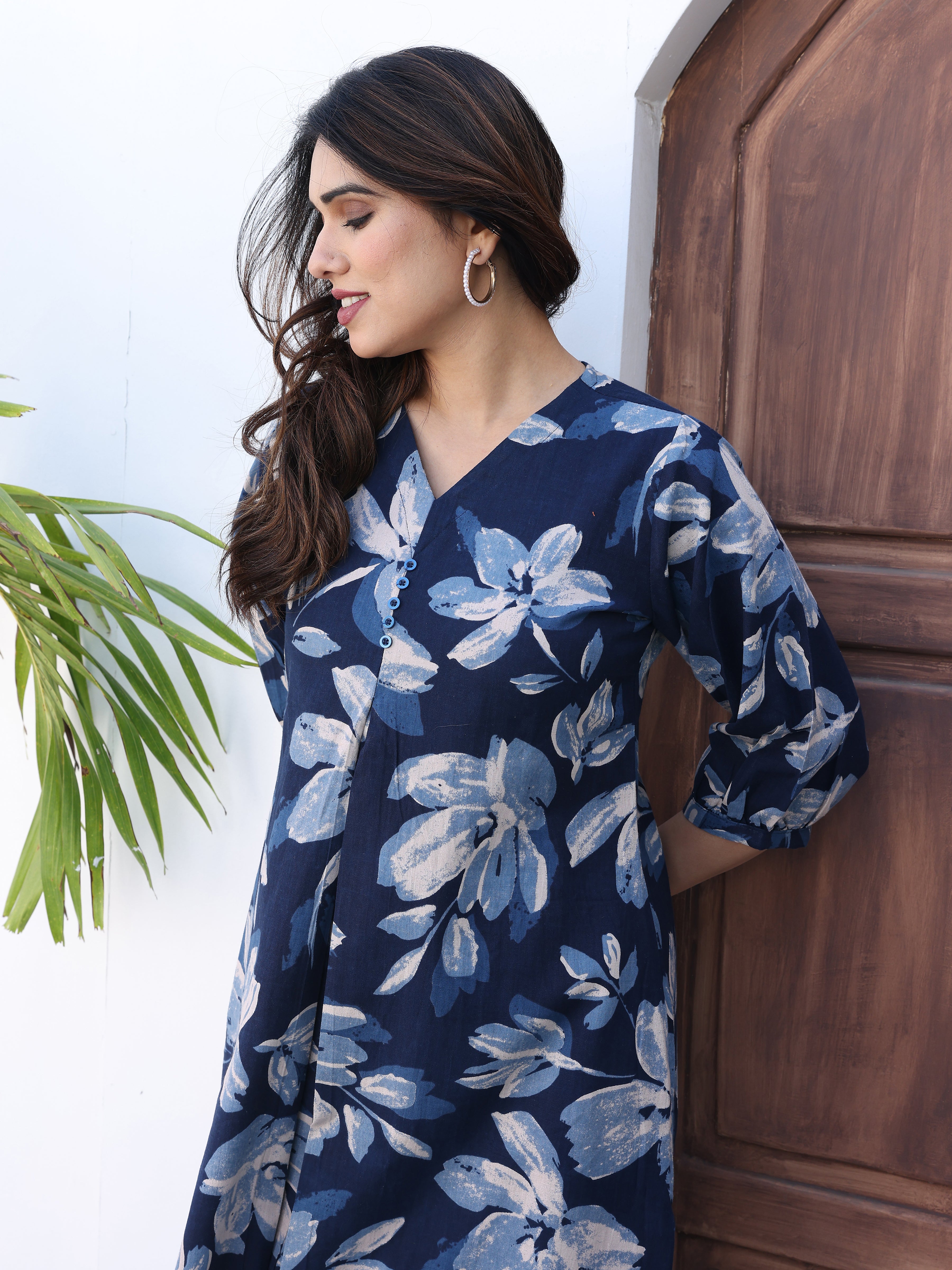 Navy Blue Printed Cotton Kurta Palazzo Set